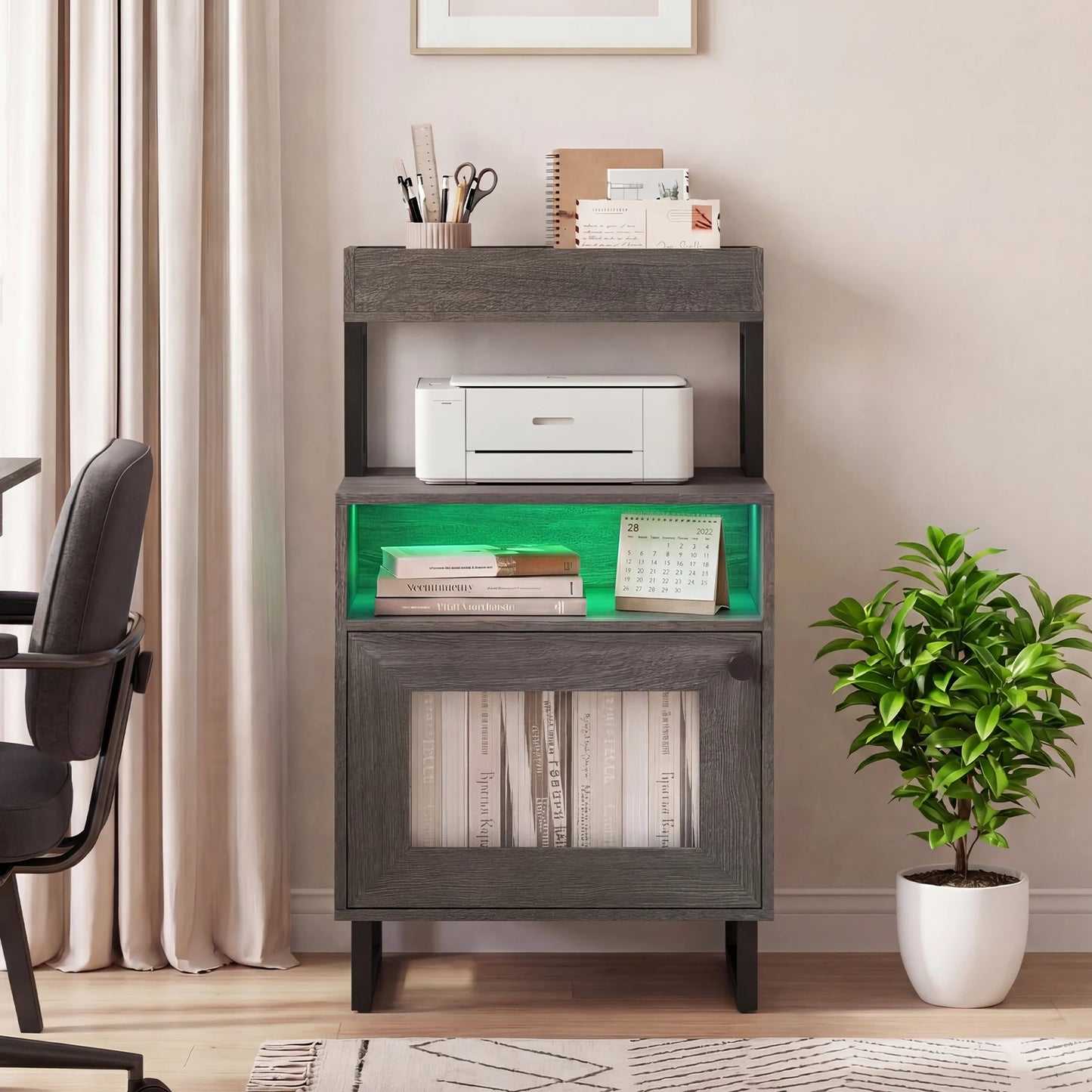 Nightstand with LED Lights Modern End Table with Top Tray-White