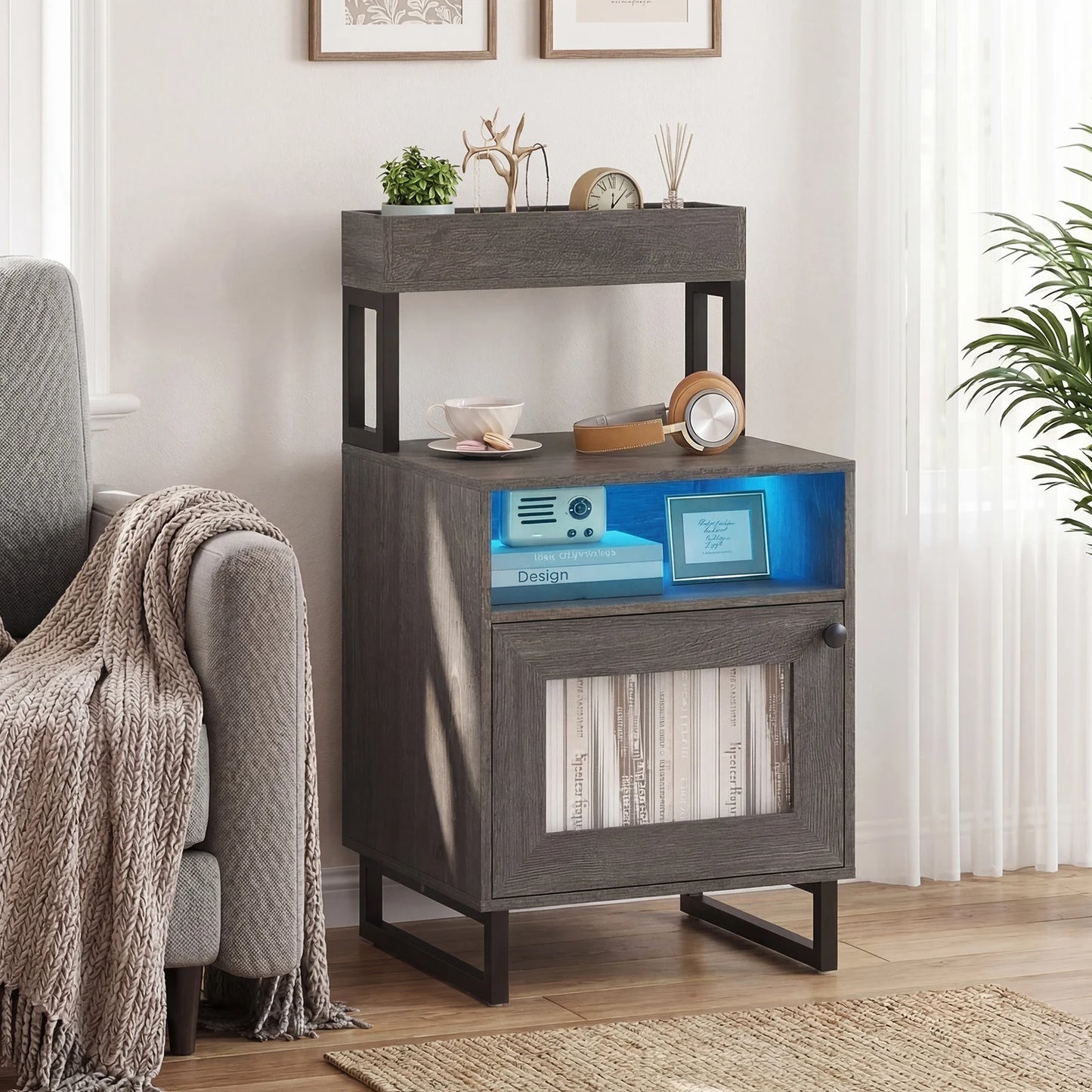 Nightstand with LED Lights Modern End Table with Top Tray-White