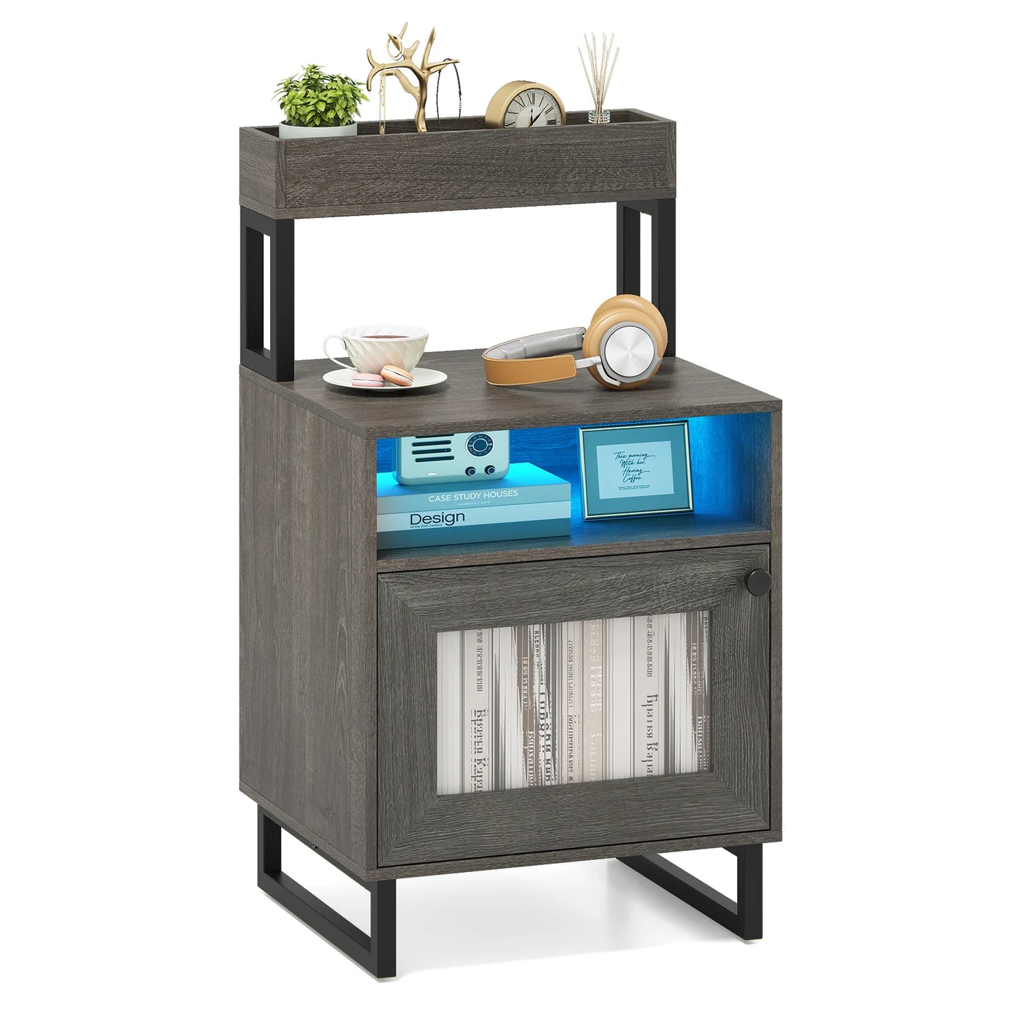 Nightstand with LED Lights Modern End Table with Top Tray-White