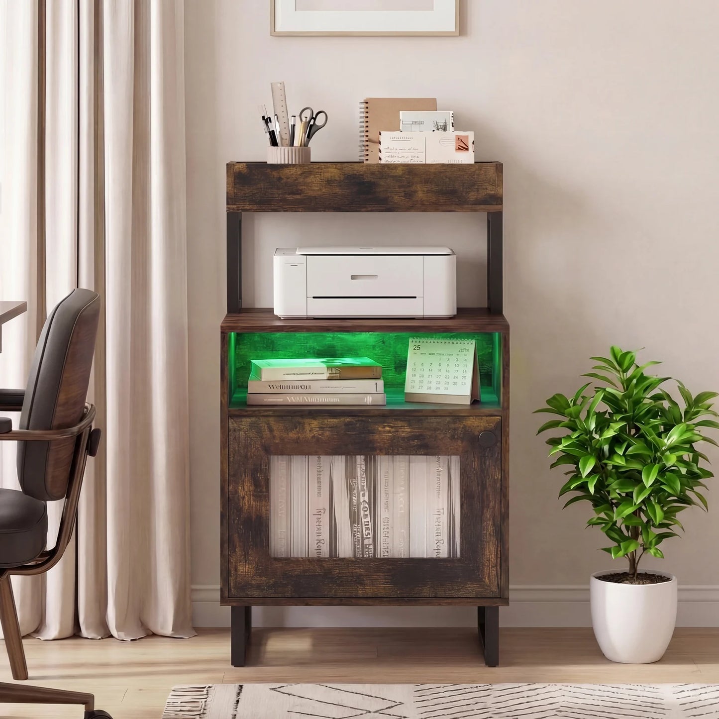 Nightstand with LED Lights Modern End Table with Top Tray-White