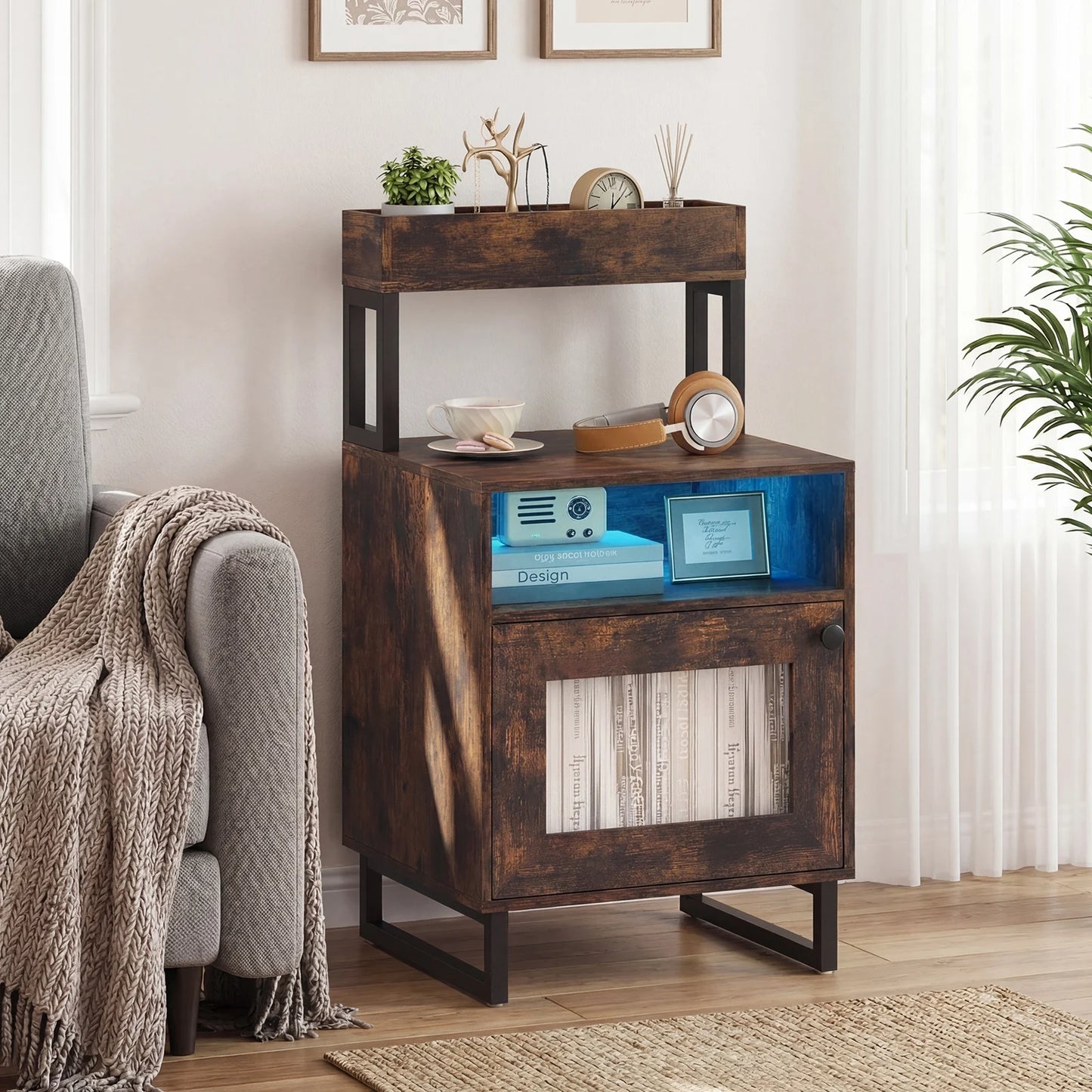 Nightstand with LED Lights Modern End Table with Top Tray-White
