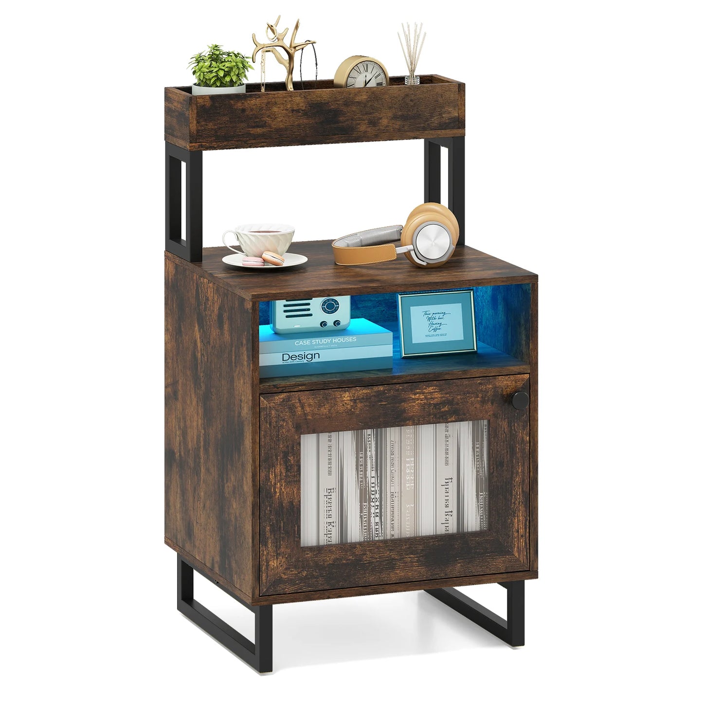 Nightstand with LED Lights Modern End Table with Top Tray-White