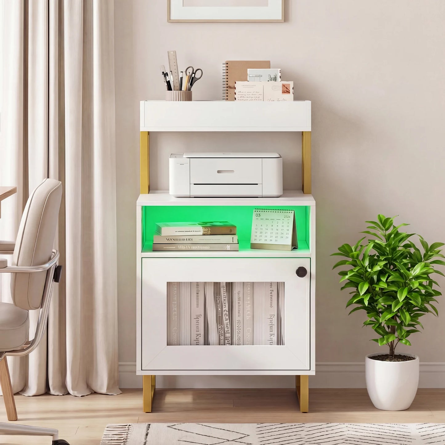 Nightstand with LED Lights Modern End Table with Top Tray-White