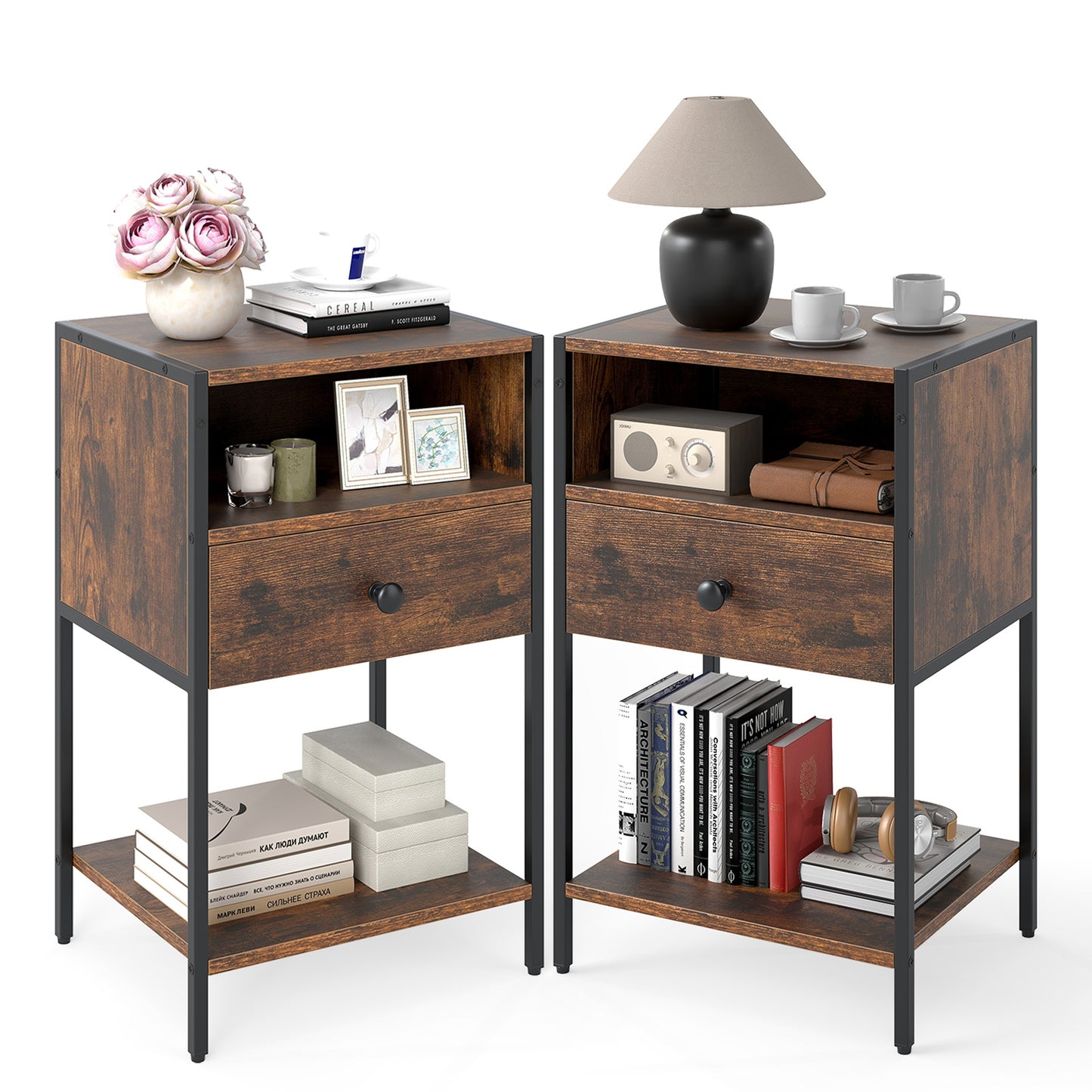 Nightstand with Open Compartment and Storage Shelf Set of 2-Black