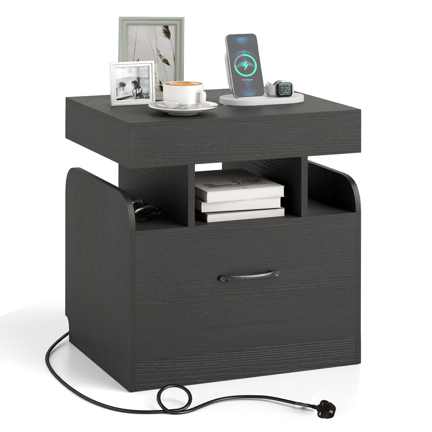 Nightstand with Charging Station with Drawer and Sliding Top Storage-Black