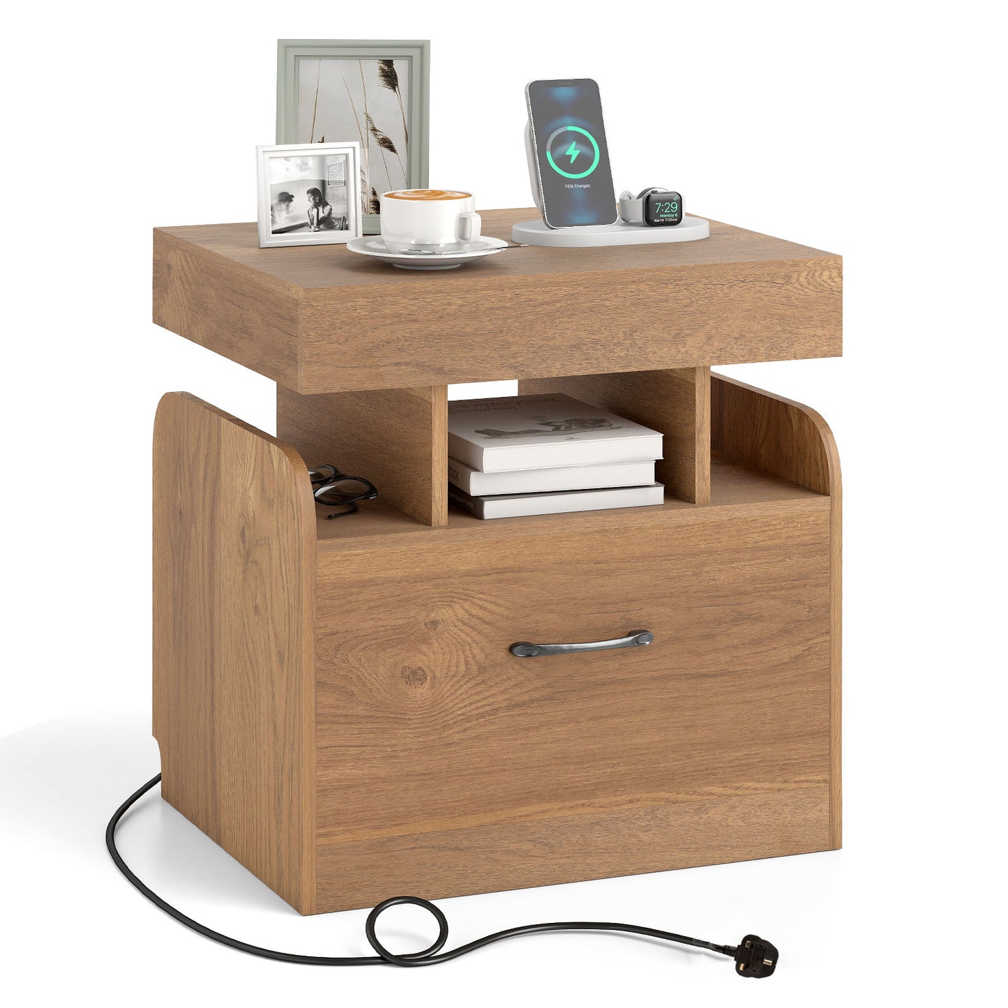 Nightstand with Charging Station with Drawer and Sliding Top Storage-Black