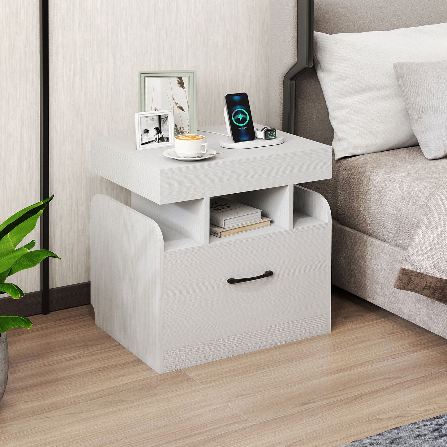 Nightstand with Charging Station with Drawer and Sliding Top Storage-Black