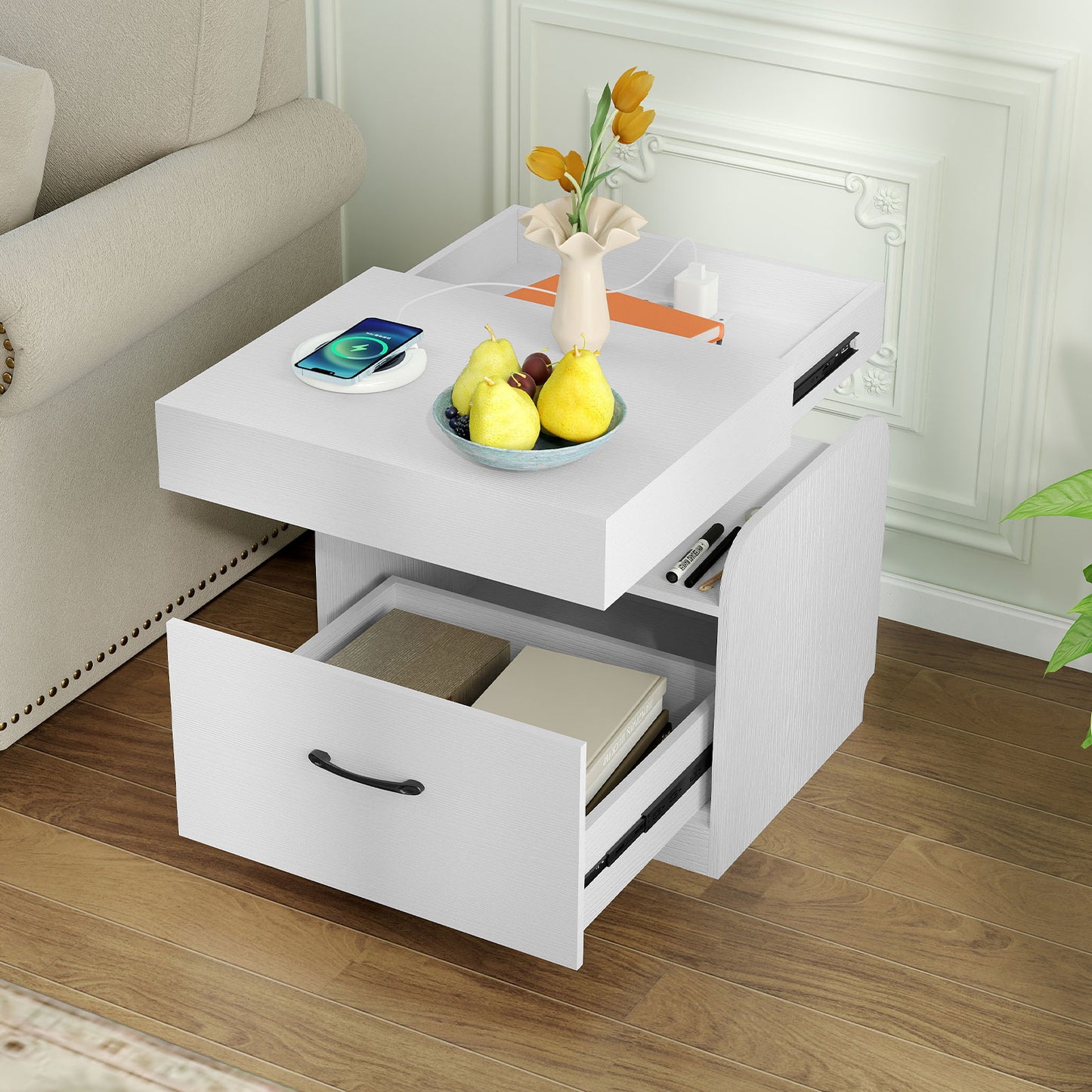 Nightstand with Charging Station with Drawer and Sliding Top Storage-Black