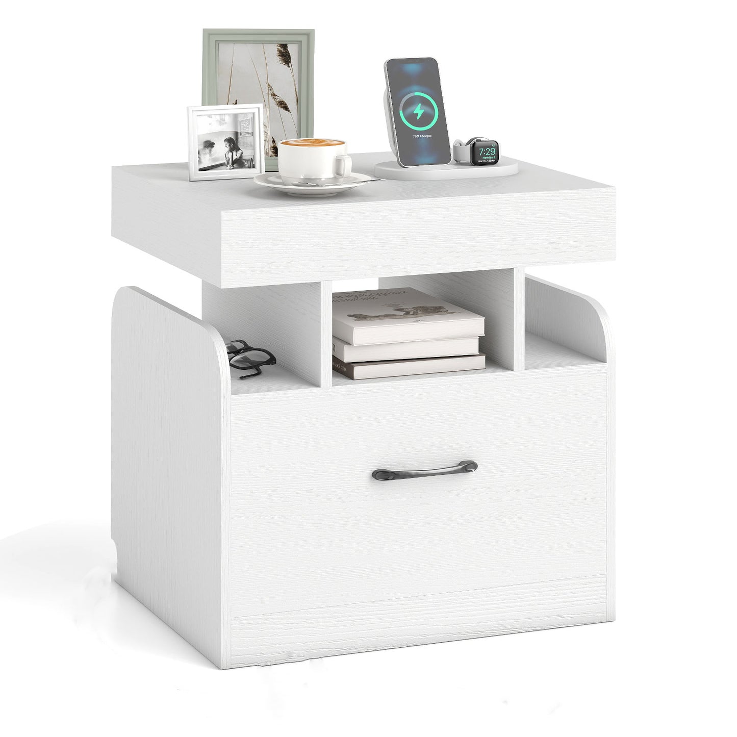 Nightstand with Charging Station with Drawer and Sliding Top Storage-Black