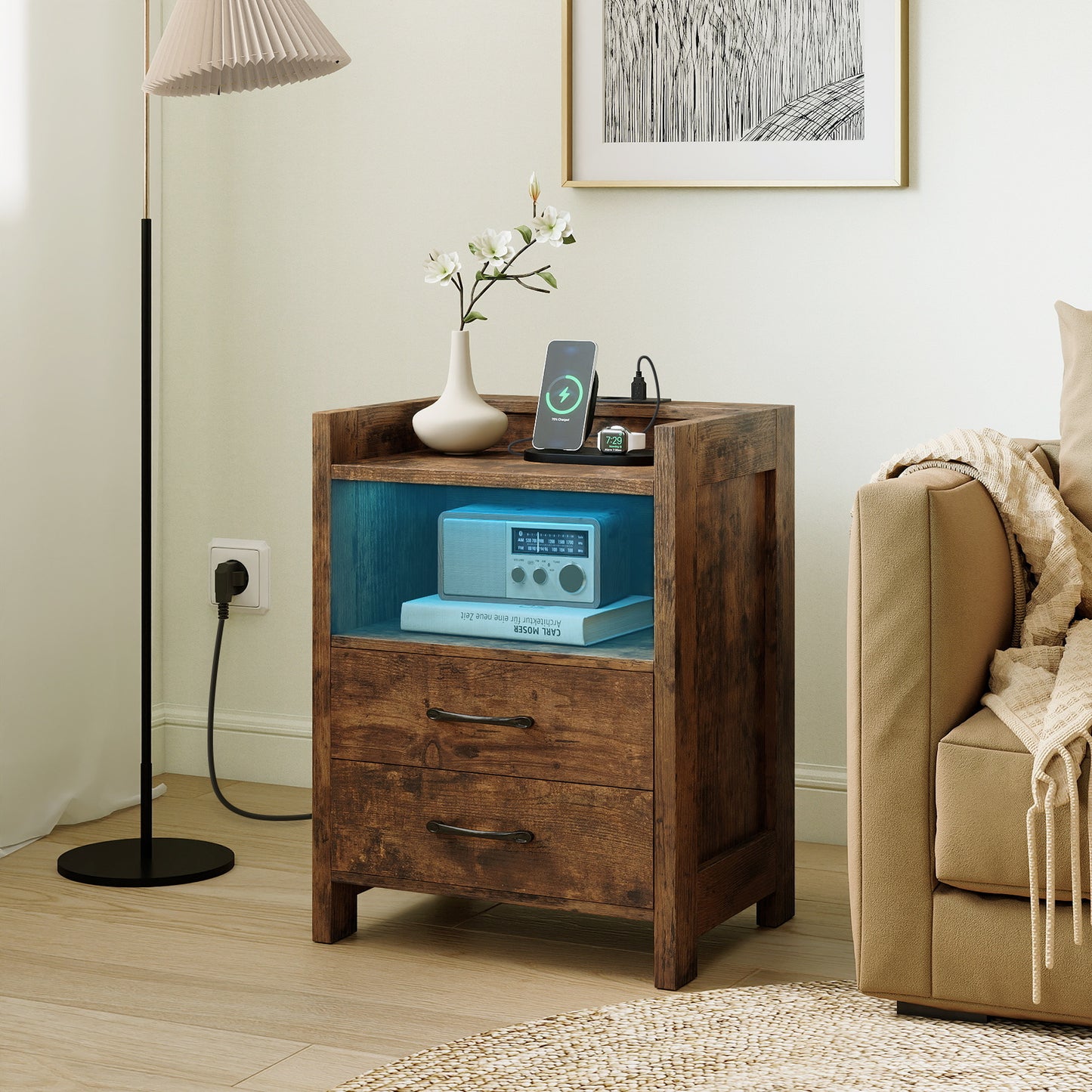 Nightstand with LED Lights and Power Outlets for Living Room-White