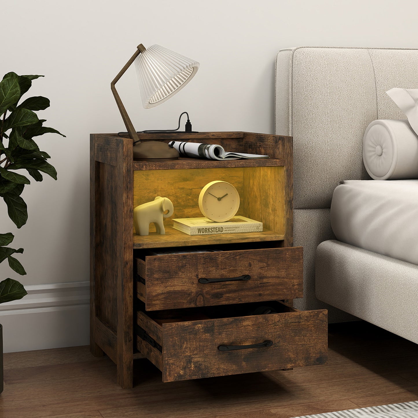 Nightstand with LED Lights and Power Outlets for Living Room-White