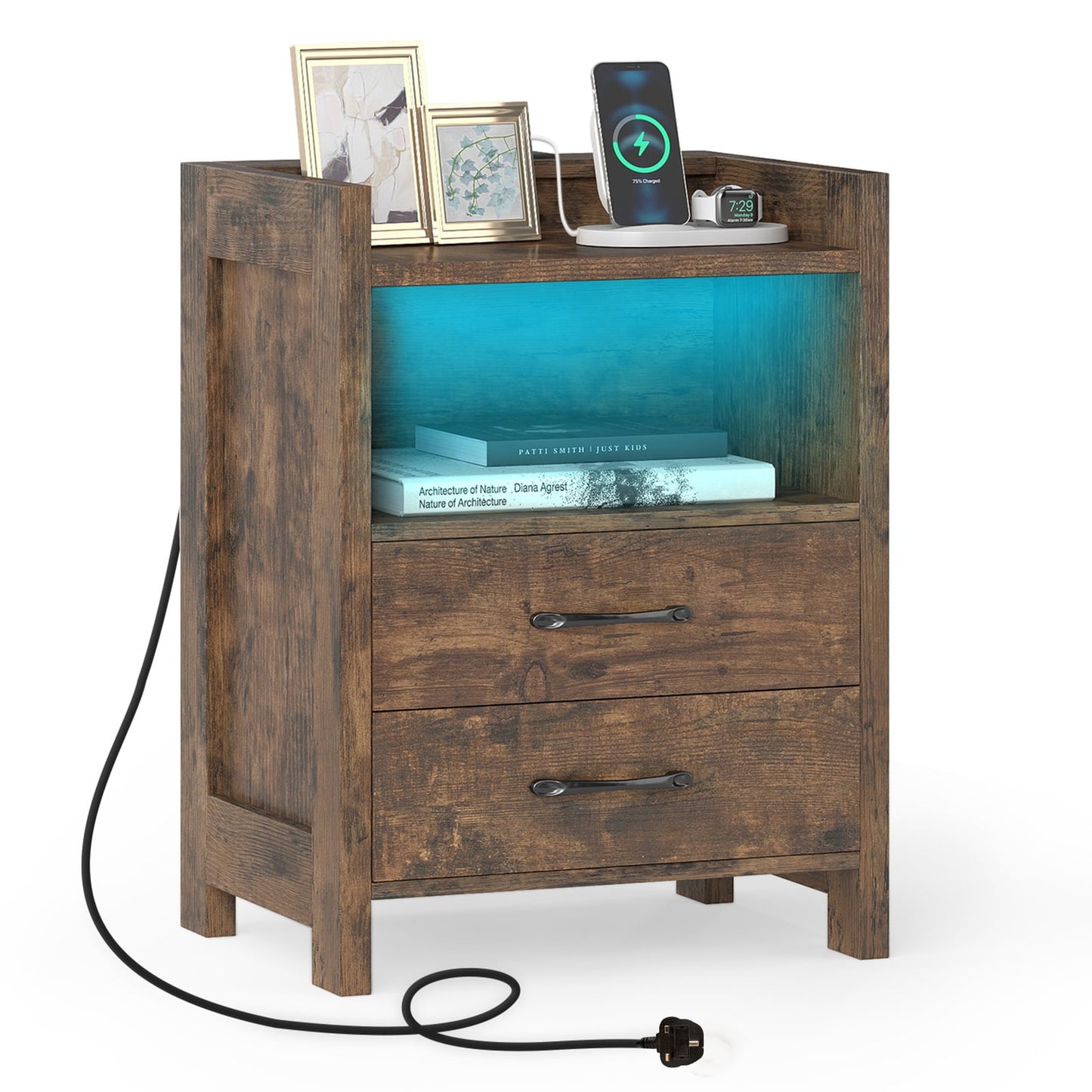 Nightstand with LED Lights and Power Outlets for Living Room-White
