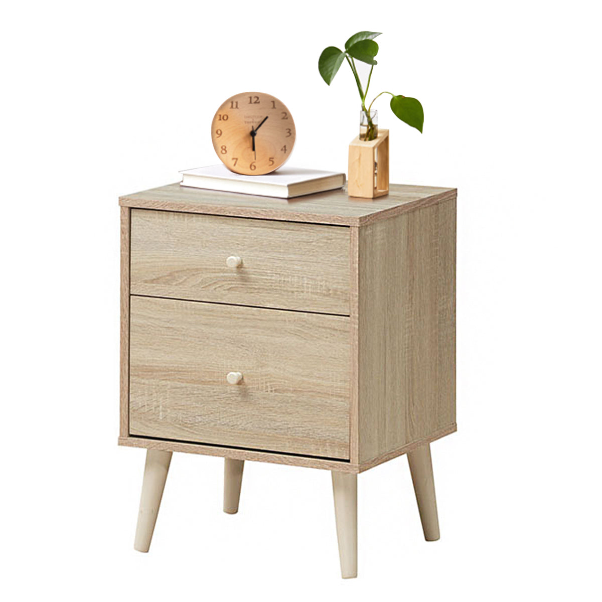 2-Drawer Nightstand with Solid Rubber Wood Legs and Large Storage Space-Black