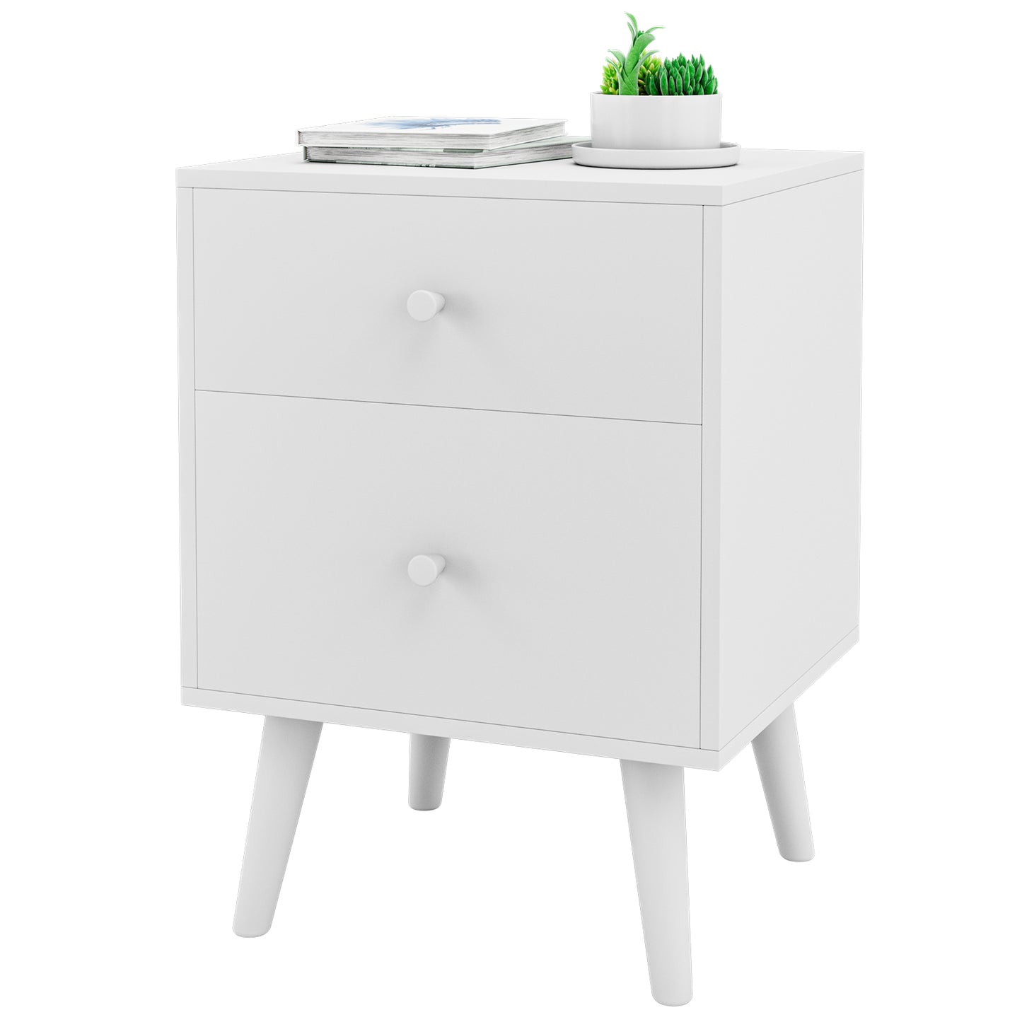 2-Drawer Nightstand with Solid Rubber Wood Legs and Large Storage Space-Black