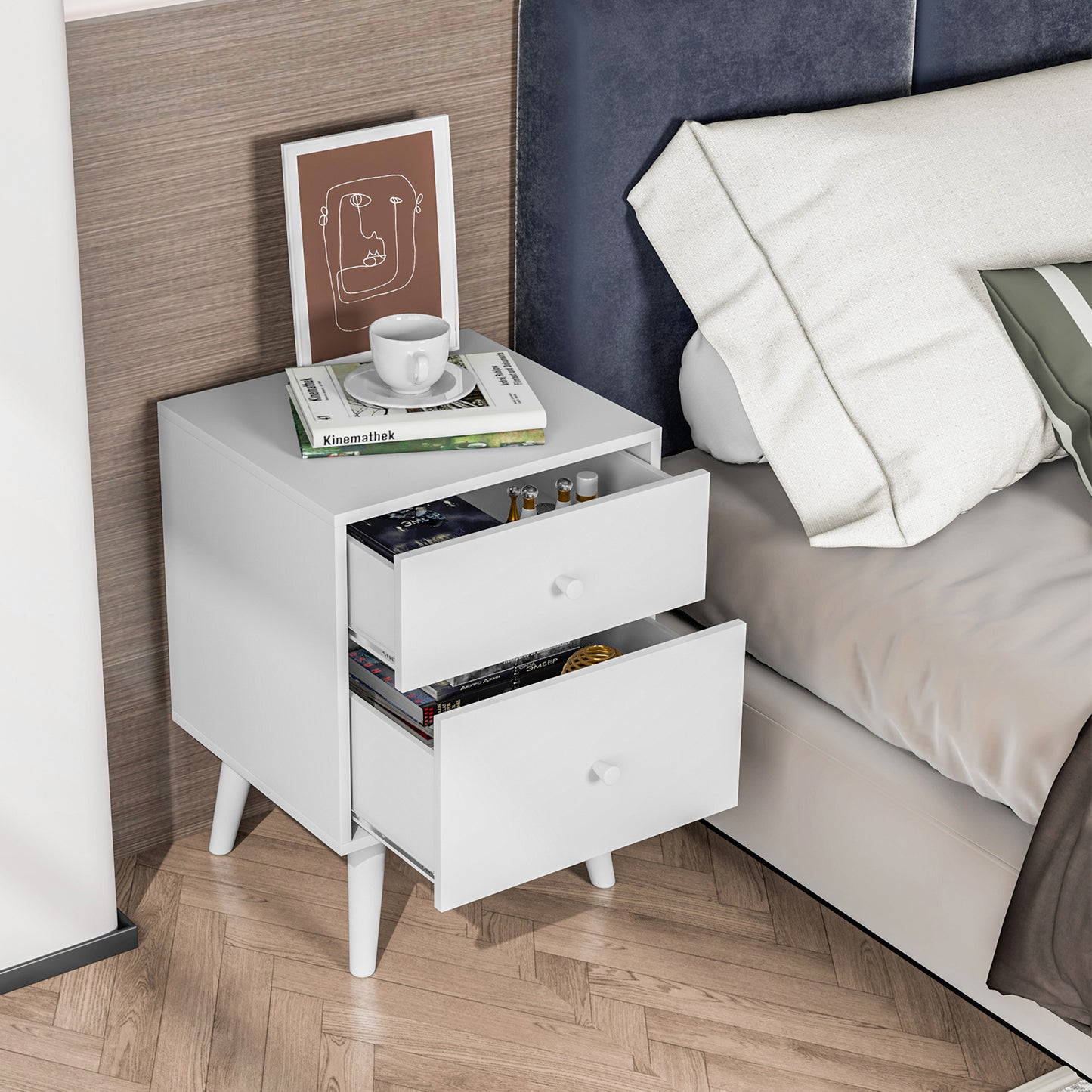 2-Drawer Nightstand with Solid Rubber Wood Legs and Large Storage Space-Black