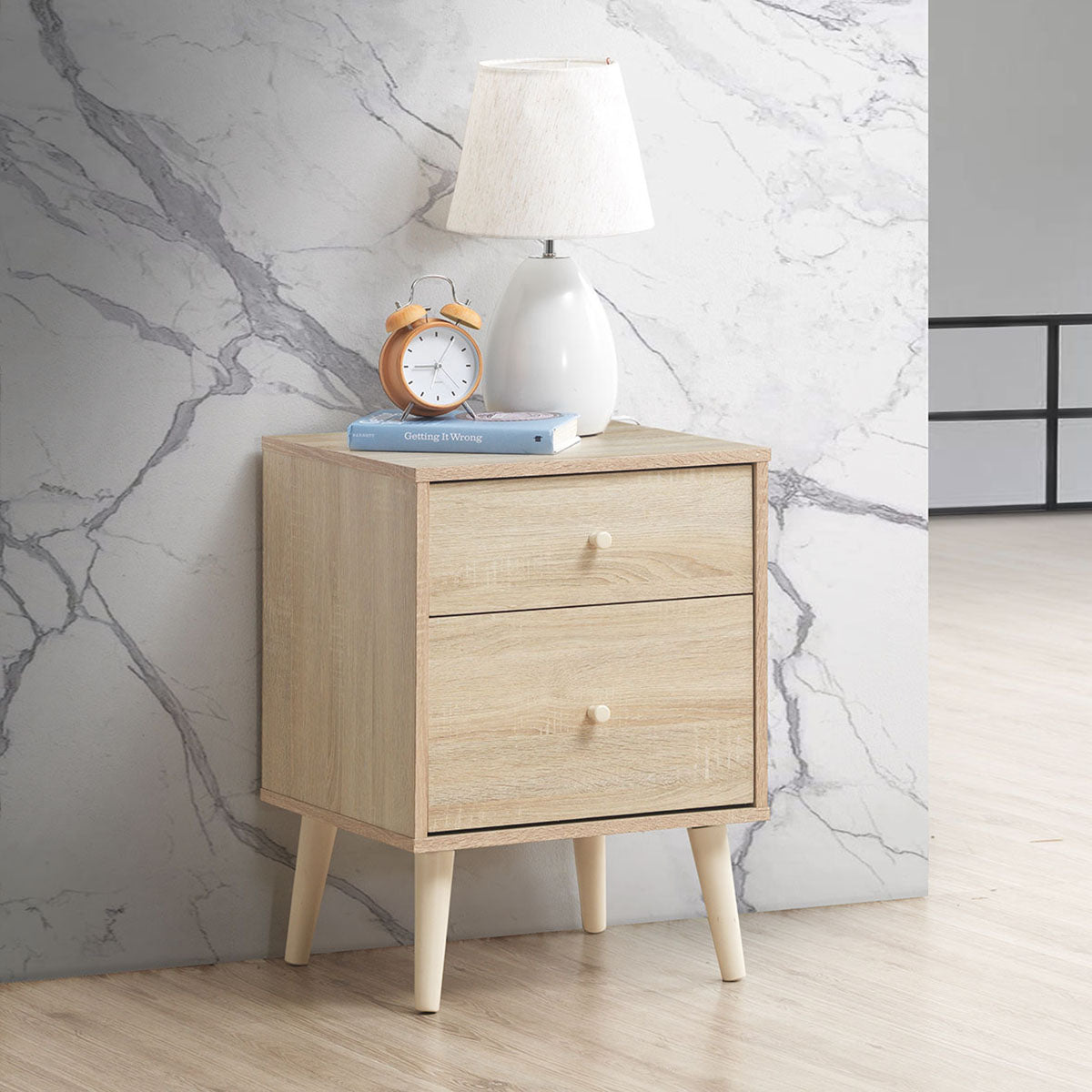 2-Drawer Nightstand with Solid Rubber Wood Legs and Large Storage Space-Black
