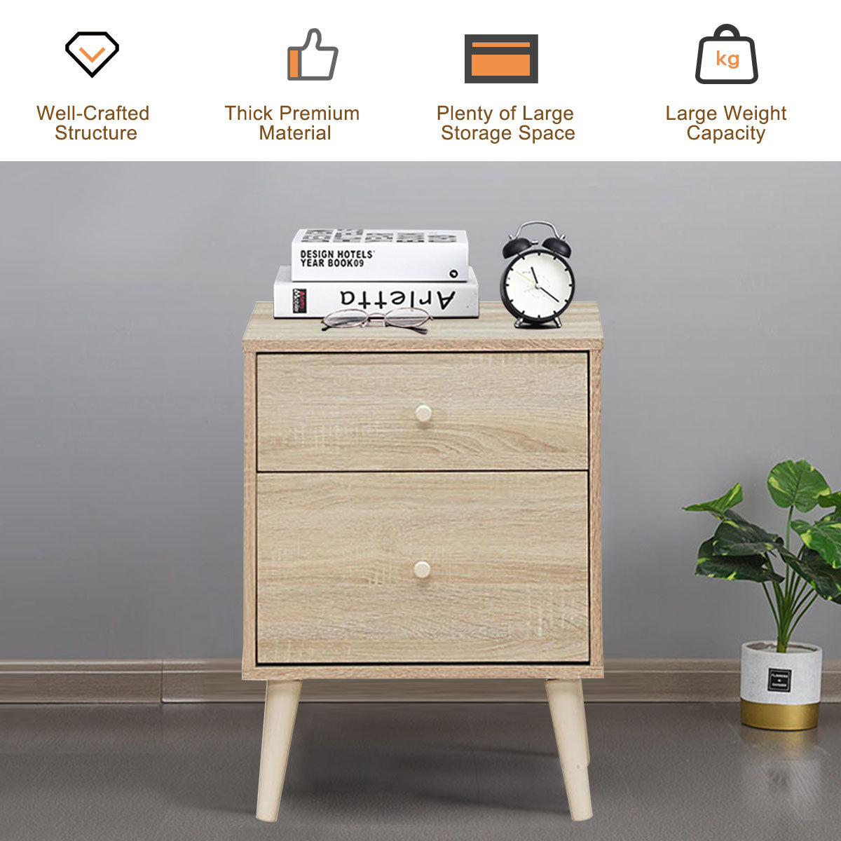 2-Drawer Nightstand with Solid Rubber Wood Legs and Large Storage Space-Black
