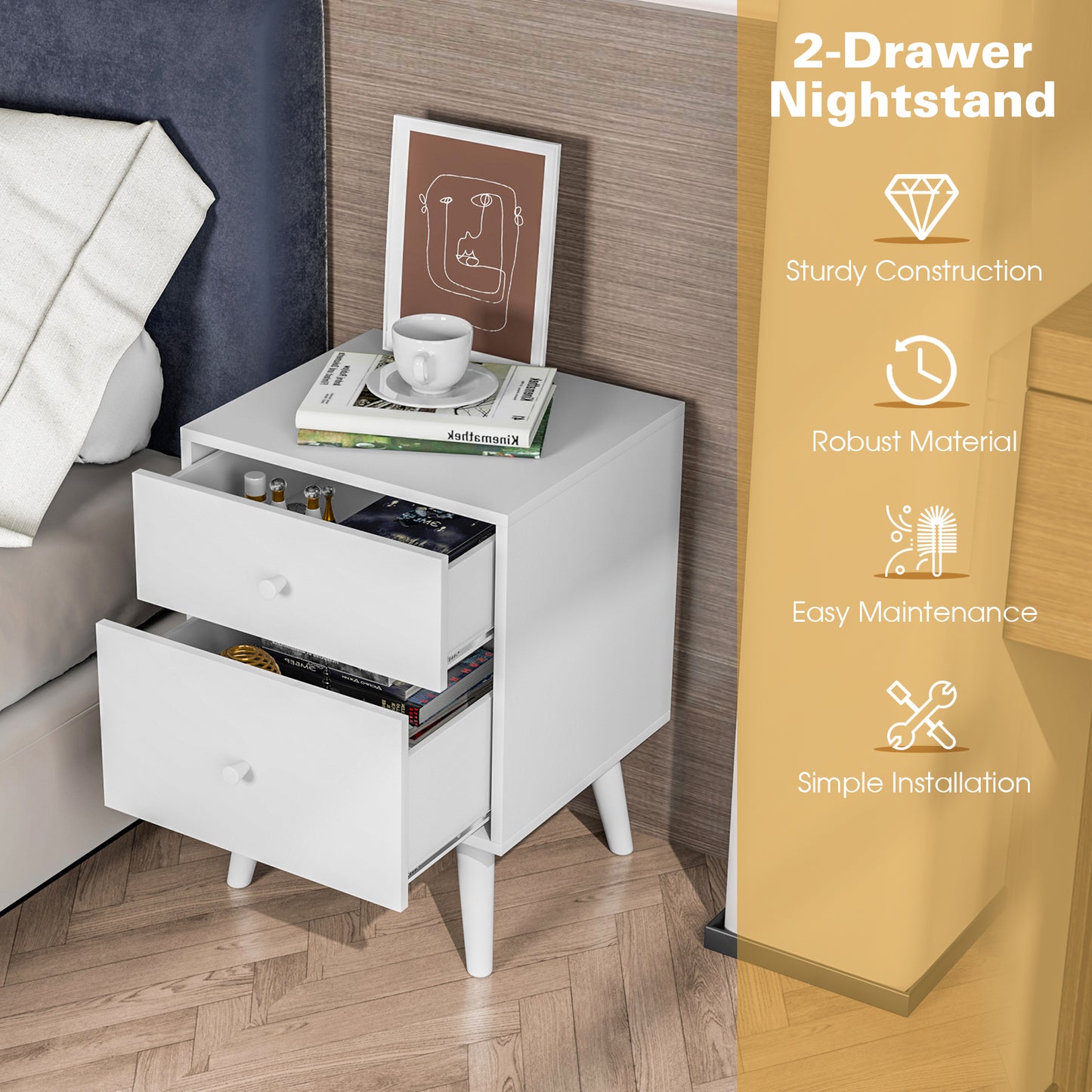 2-Drawer Nightstand with Solid Rubber Wood Legs and Large Storage Space-Black