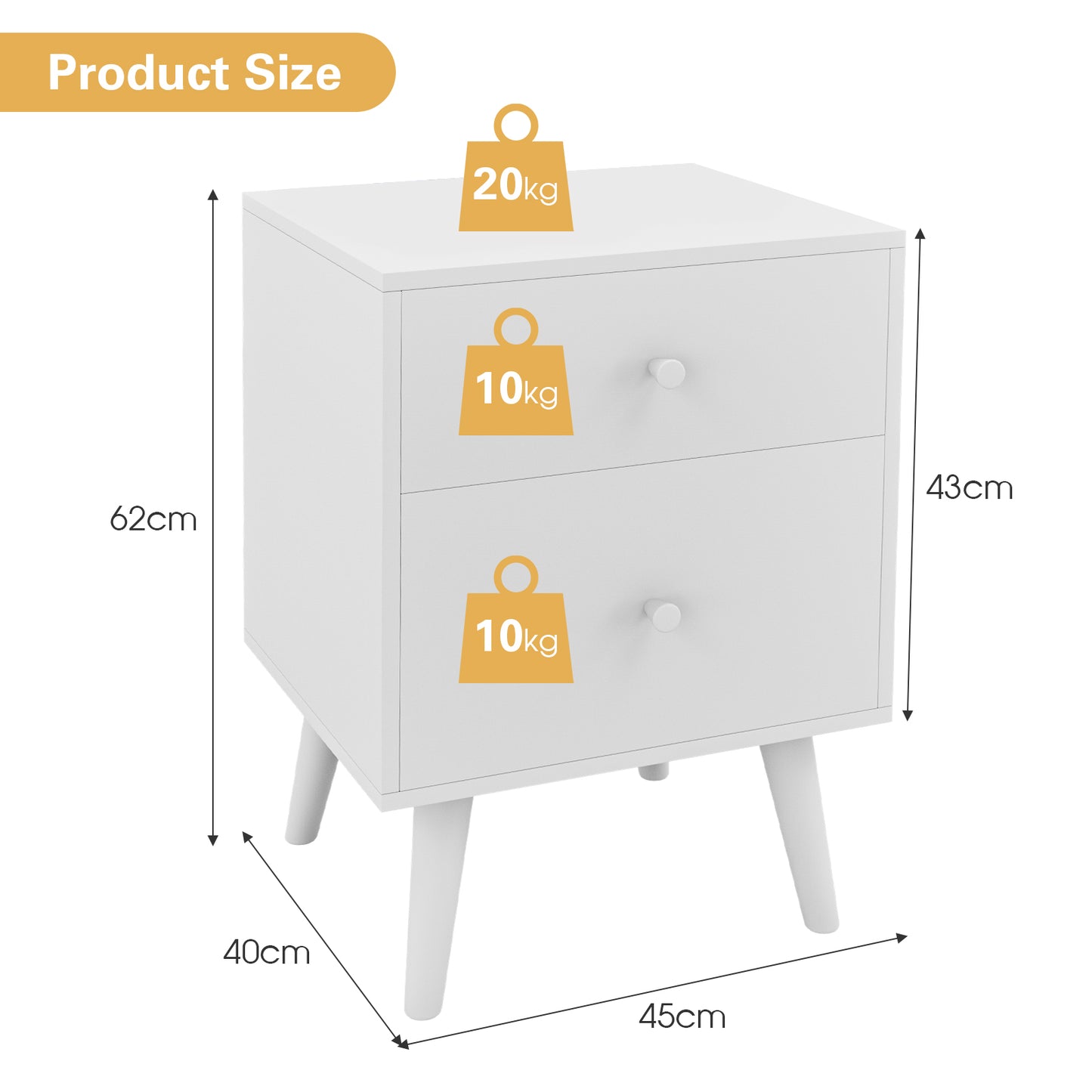 2-Drawer Nightstand with Solid Rubber Wood Legs and Large Storage Space-Black