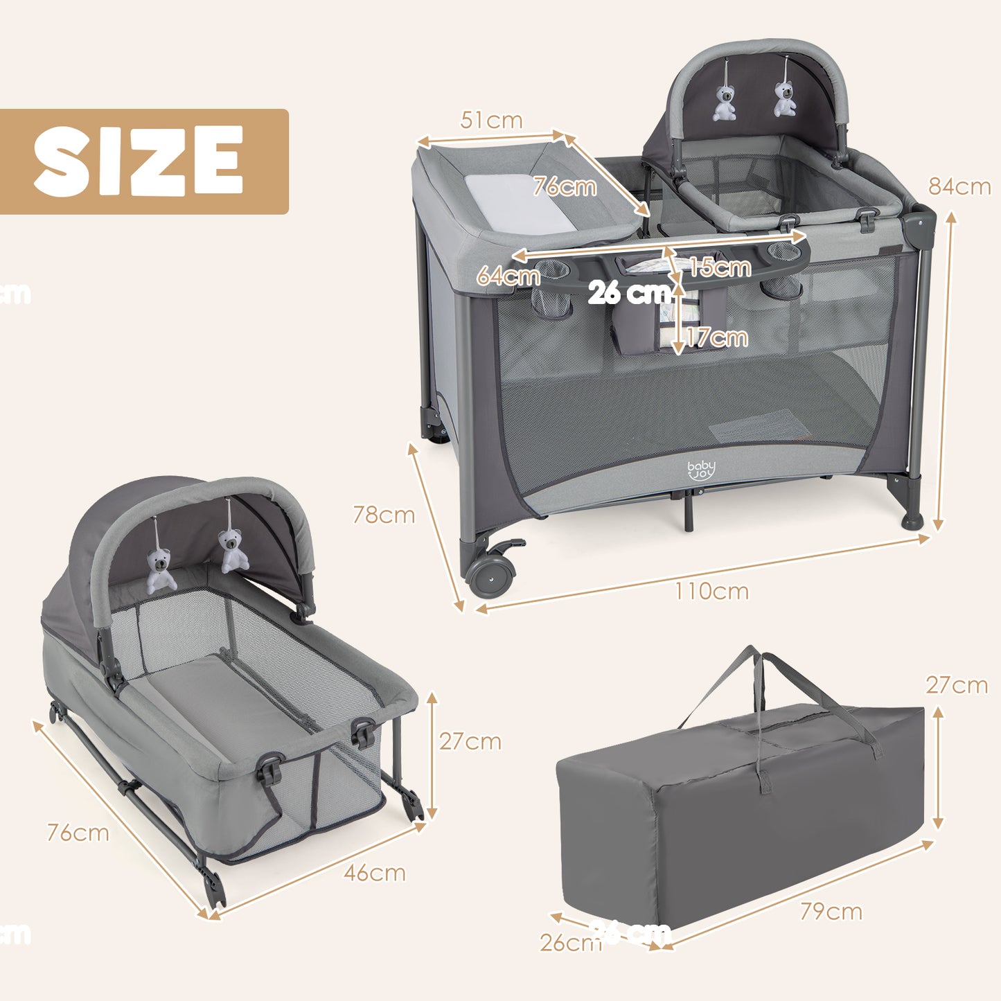 5 in 1 Portable Nursery Center with Bassinet and Cradle-Black