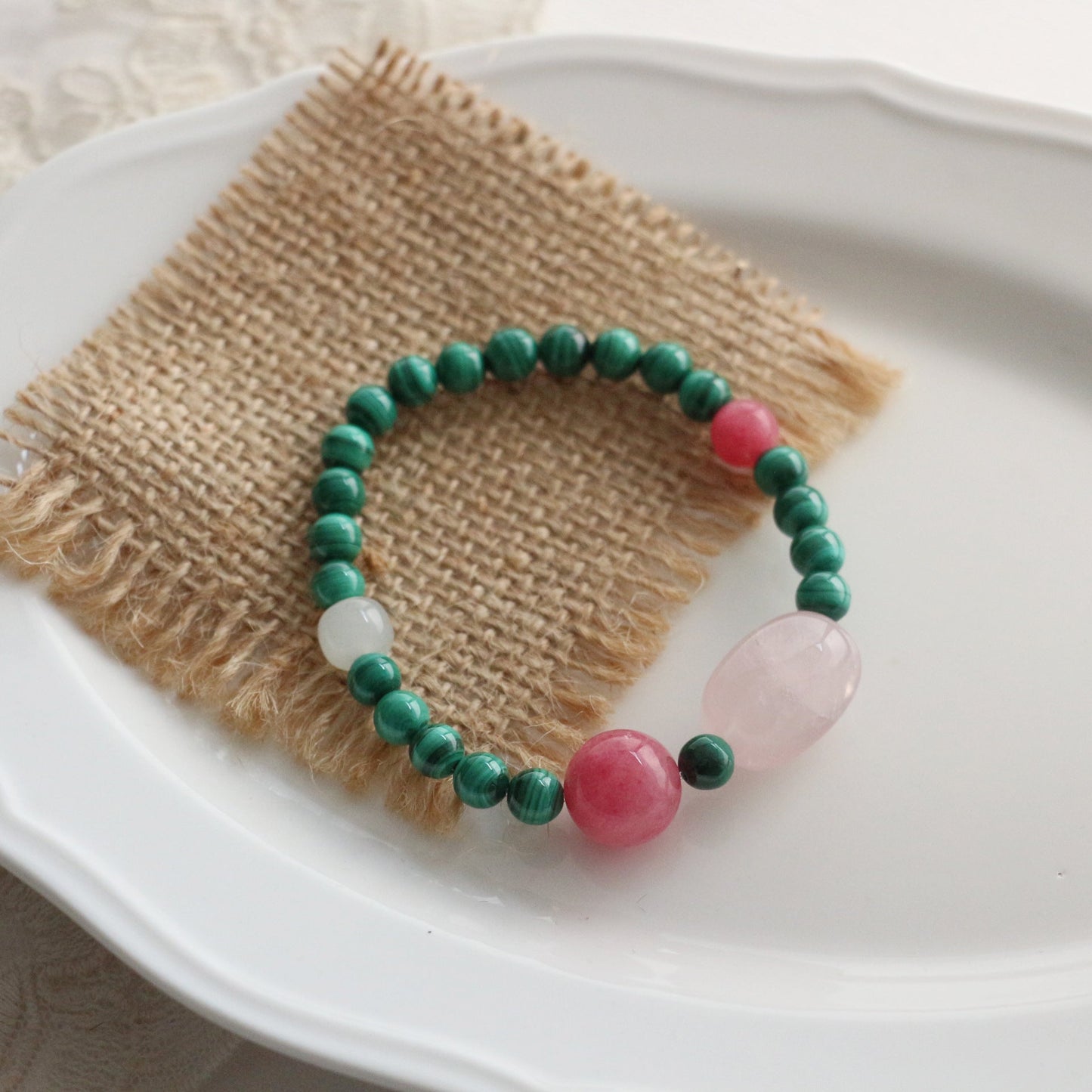 Jekira Natural Malachite Gemstone Beaded Bracelet · Tibetan Red Stone & Rose Quartz