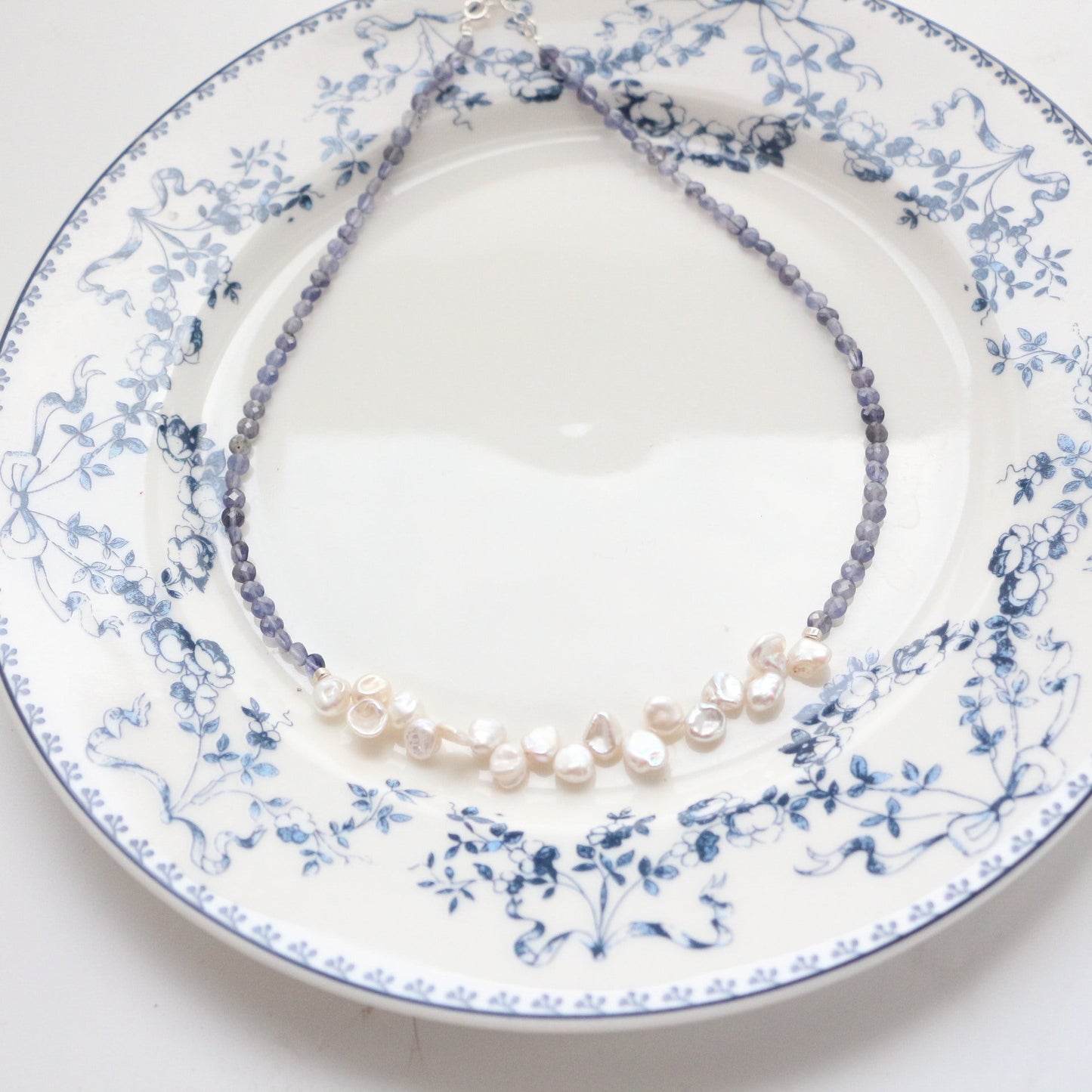 Jekira Chinese-Inspired Blue Gemstone & Petal Pearl Necklace Set