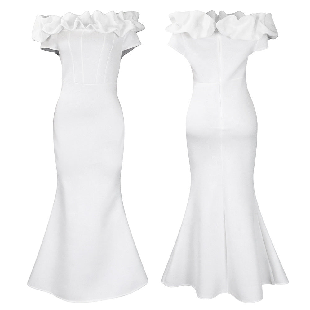 Elegant Women Long Evening Dresses Ruched Off Shoulder Slim Bodycon Mermiad White Dress Formal Party Wedding Guest Gown