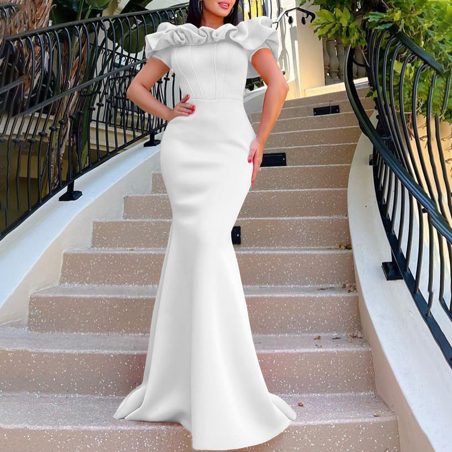 Elegant Women Long Evening Dresses Ruched Off Shoulder Slim Bodycon Mermiad White Dress Formal Party Wedding Guest Gown