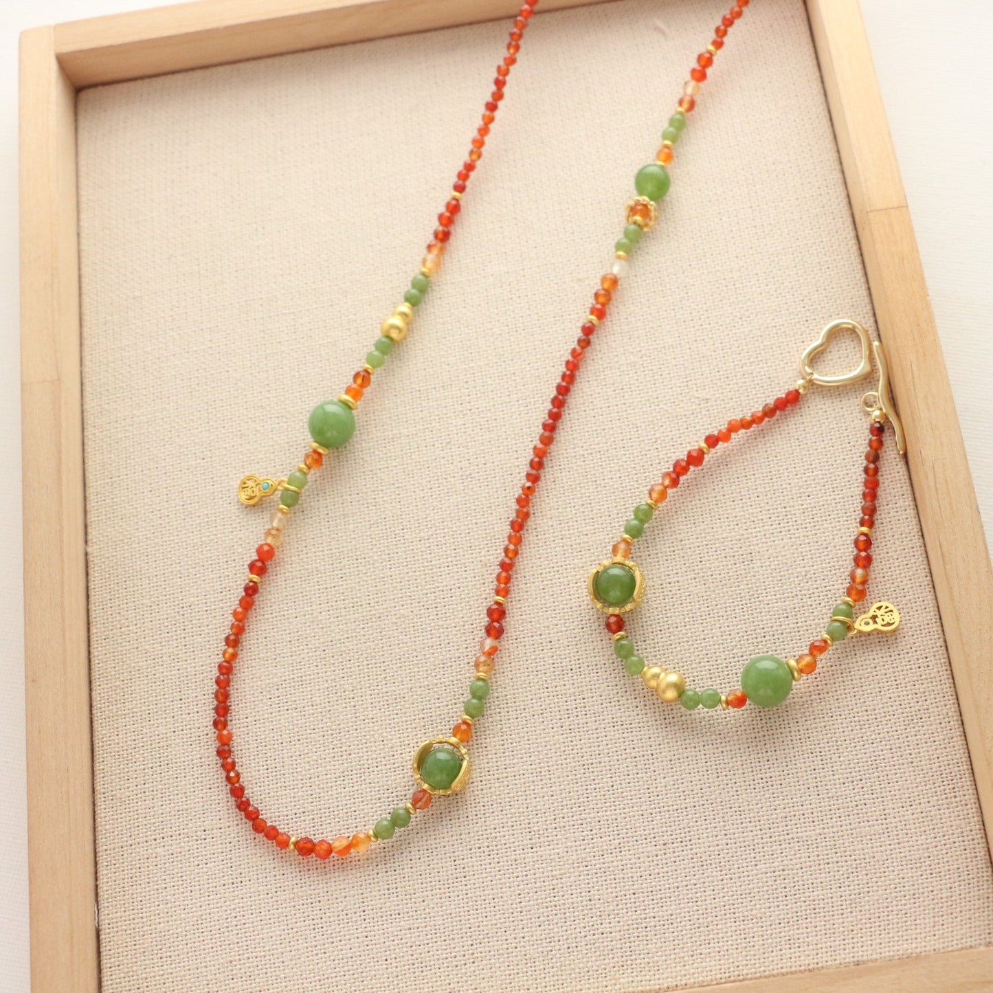 Jekira Retro New Chinese Red Agate & Green Chrysoprase Jewelry Set