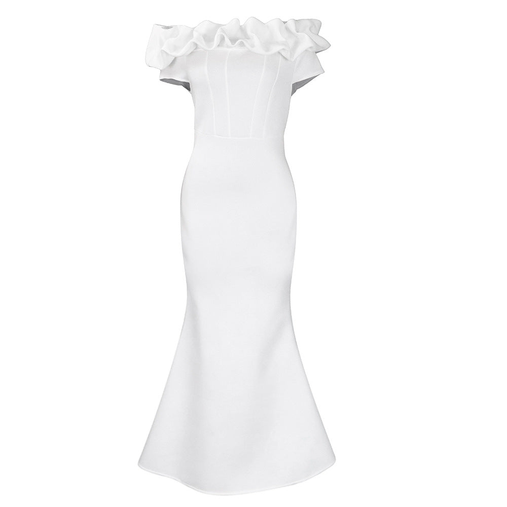 Elegant Women Long Evening Dresses Ruched Off Shoulder Slim Bodycon Mermiad White Dress Formal Party Wedding Guest Gown