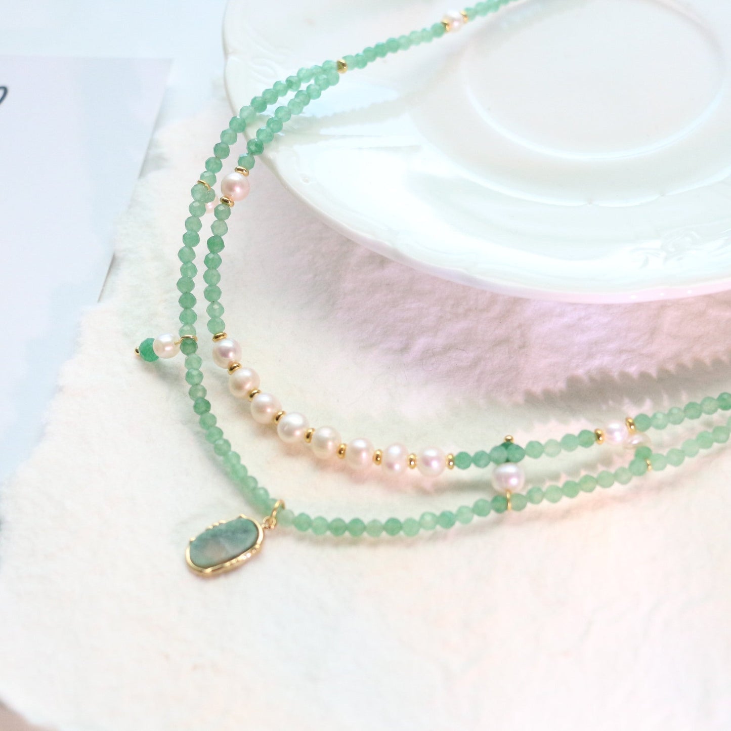 Jekira Royal Green Baroque Pearl Double Layer Necklace - Copper 18K Gold Plated