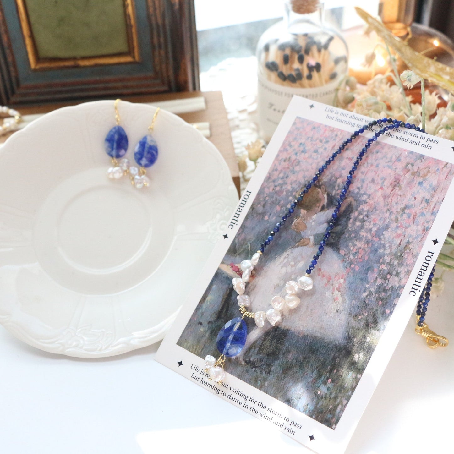Jekira Lapis Lazuli & Petal Pearl Beaded Necklace and Earrings Set
