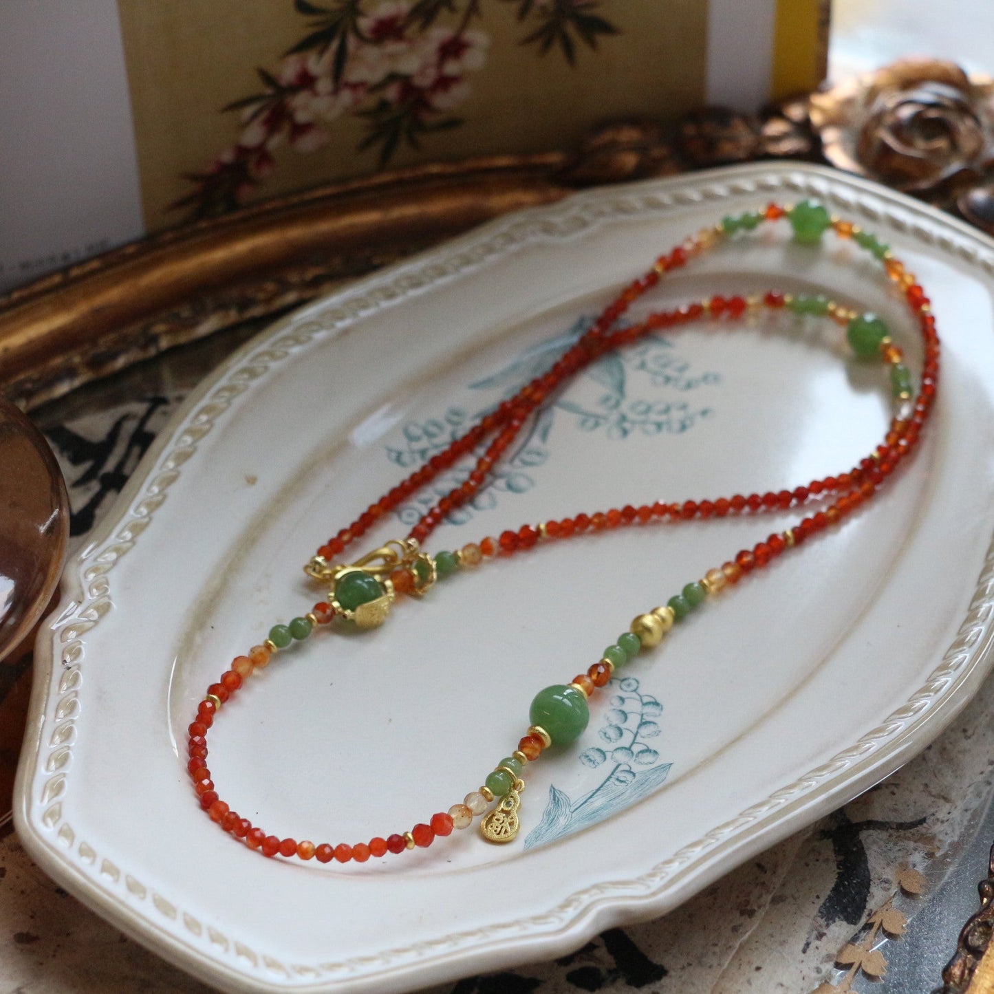 Jekira Retro New Chinese Red Agate & Green Chrysoprase Jewelry Set