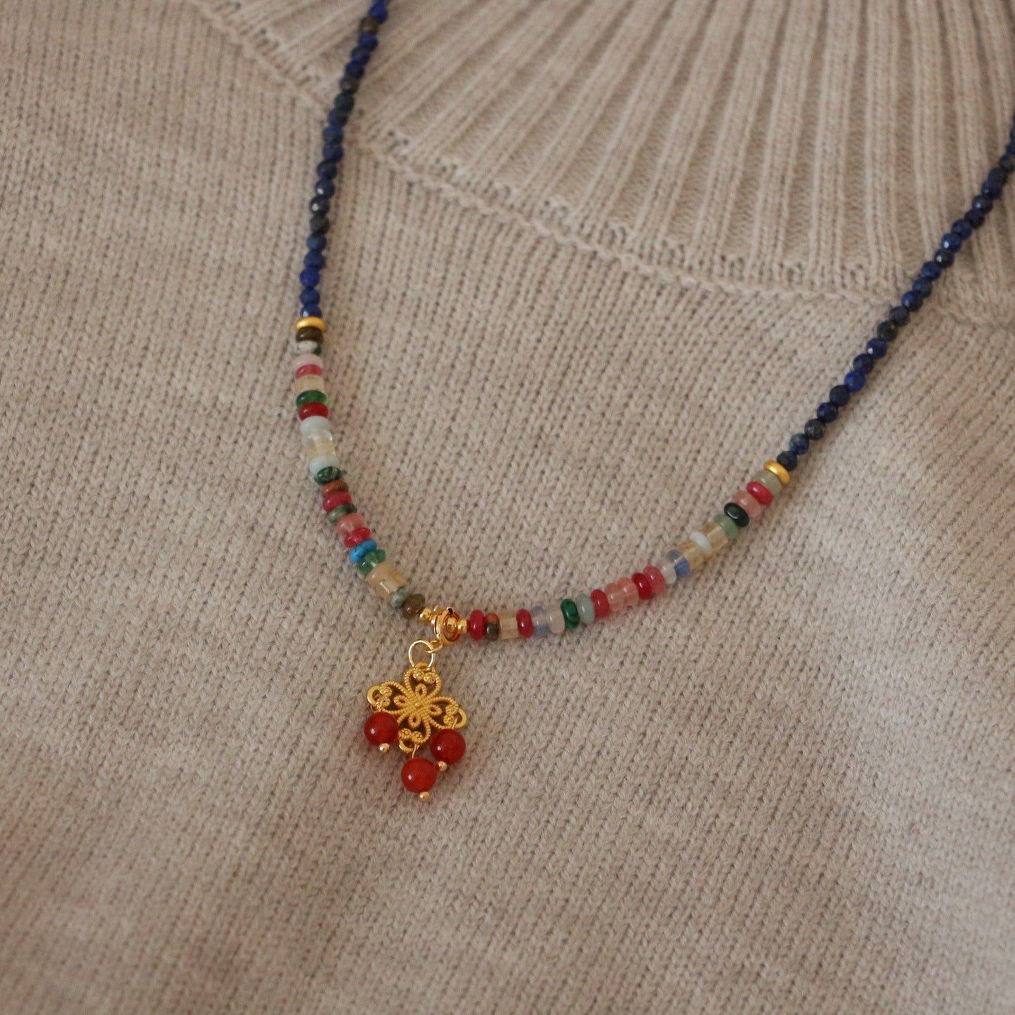 Jekira Chinese-Style Lapis Lazuli & Agate Necklace