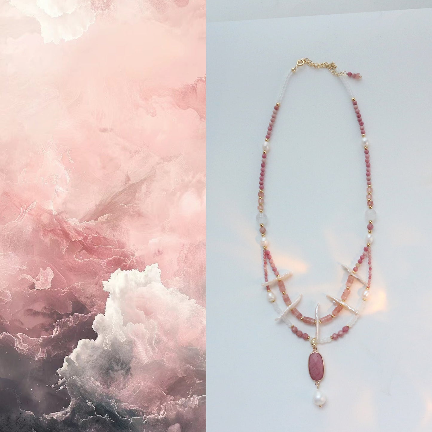 Jekira Vintage Double-Strand Rhodochrosite Pendant Necklace – Baroque Pearl & Crystal Romance