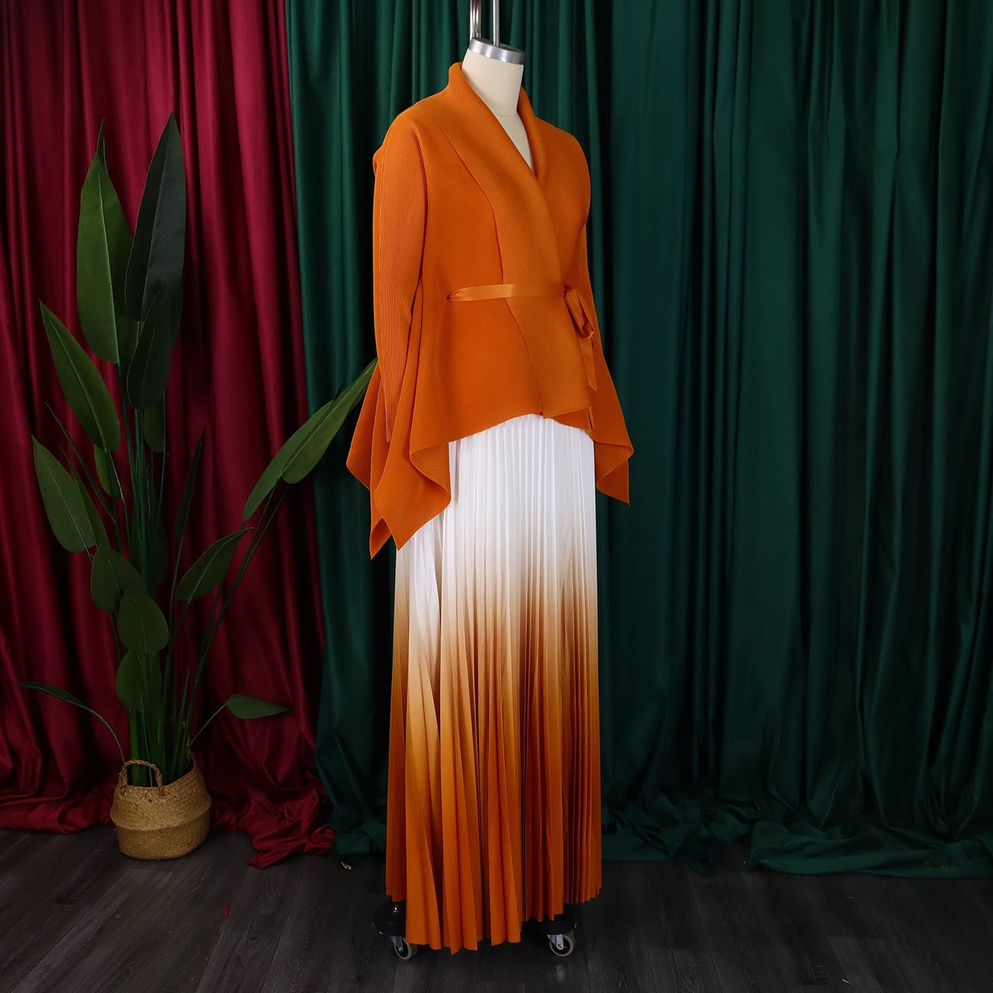 CM.YAYA Gradient Women's Set Full Sleeve Belt Blouse Shirt and Pleated Long Skirts Suit Street Two 2 Piece Set Outfit Tracksuit