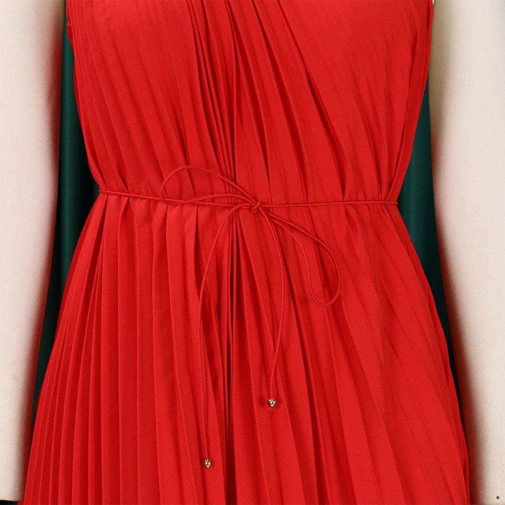 CM.YAYA Women One Shoulder Sleeveless Big Swing Pleated Knee Length Dress 2023 Fashion Street Vestidos Sexy Chic Dresses