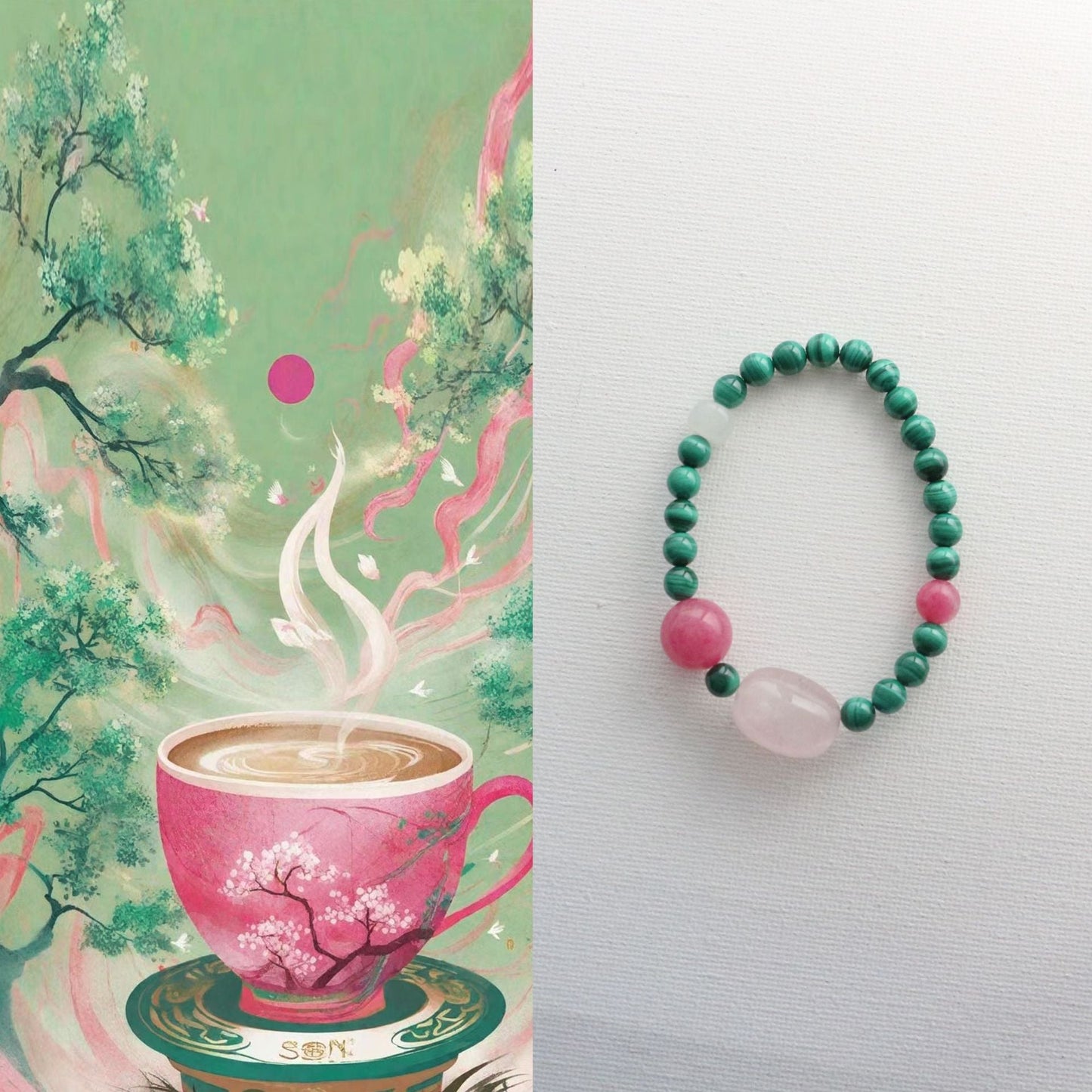 Jekira Natural Malachite Gemstone Beaded Bracelet · Tibetan Red Stone & Rose Quartz