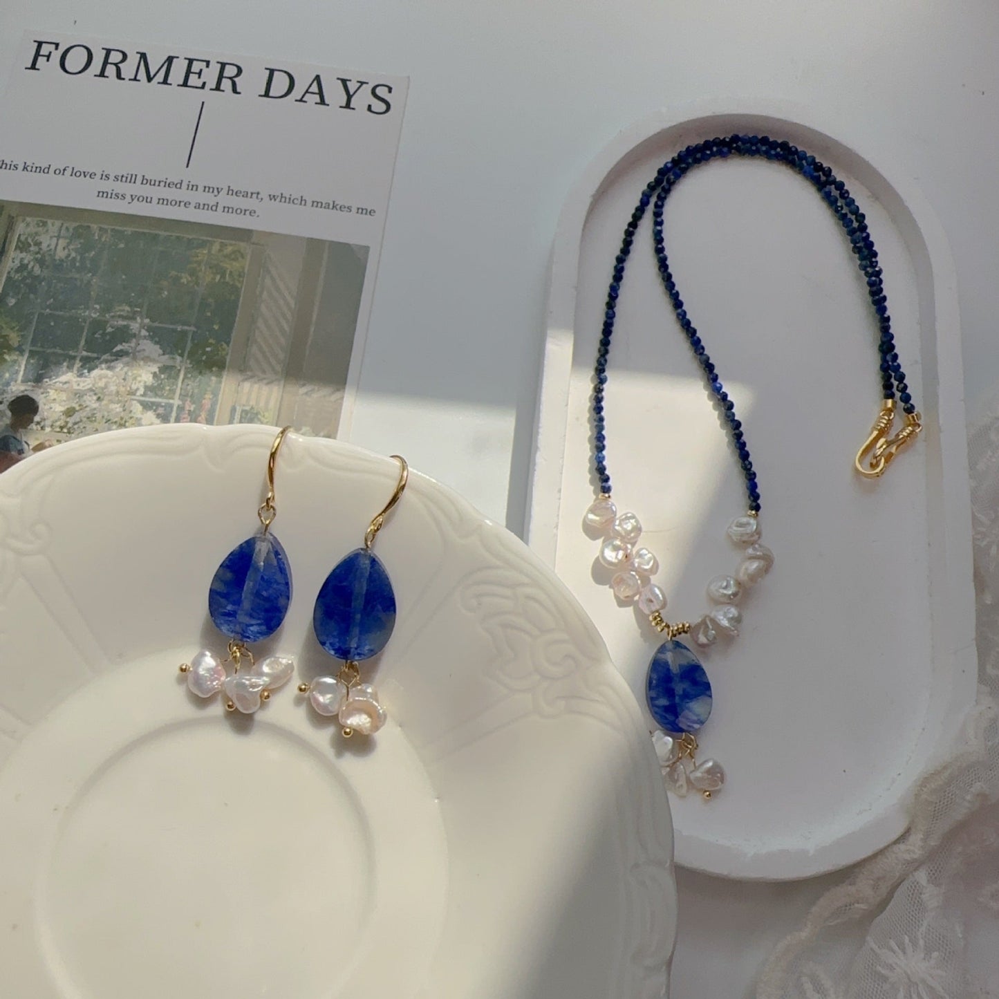 Jekira Lapis Lazuli & Petal Pearl Beaded Necklace and Earrings Set