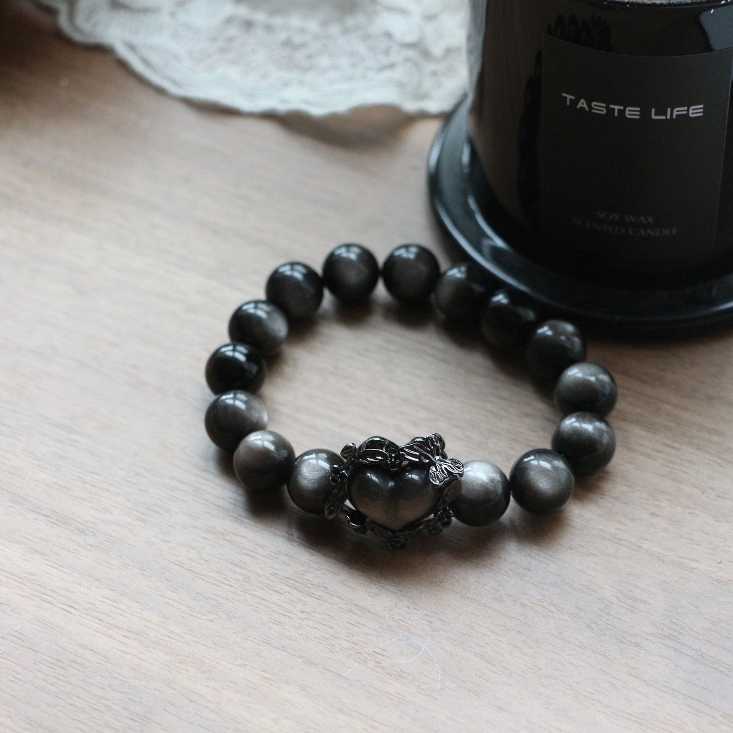 Jekira Obsidian Bracelet with Black Heart & Rose Detail