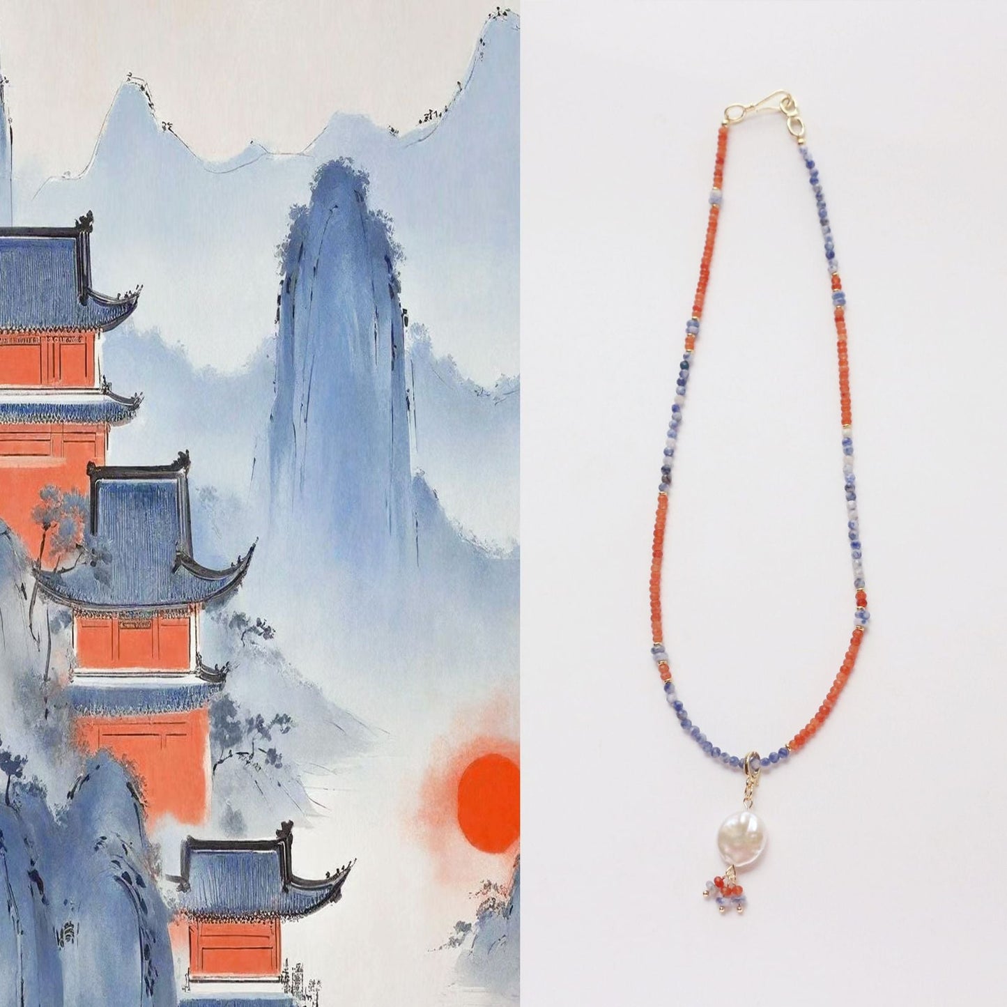Jekira Vintage Orange & Blue Gemstone Baroque Pearl Necklace