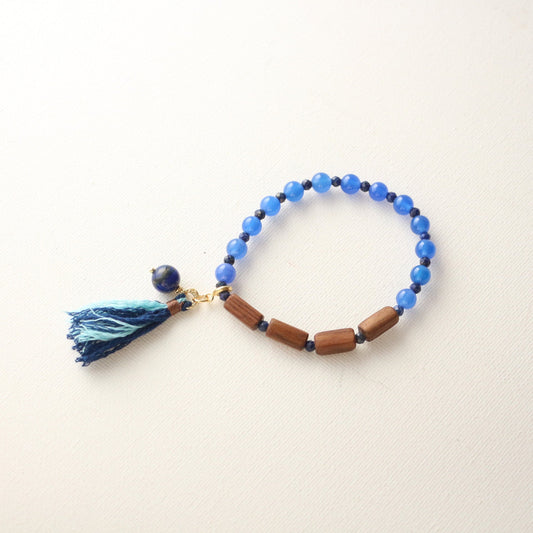 Jekira Blue Agate Lapis Lazuli Wood Bead Tassel Elastic Bracelet