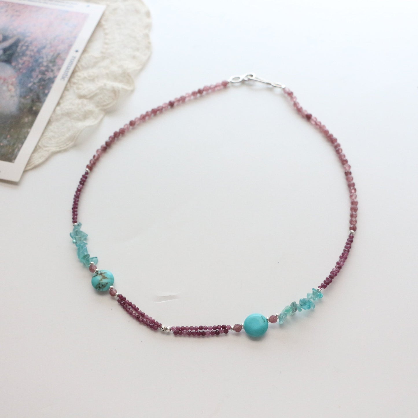 Jekira Lavender Stone & Turquoise Silver Necklace Set with 999 Pure Silver Lock Pendant
