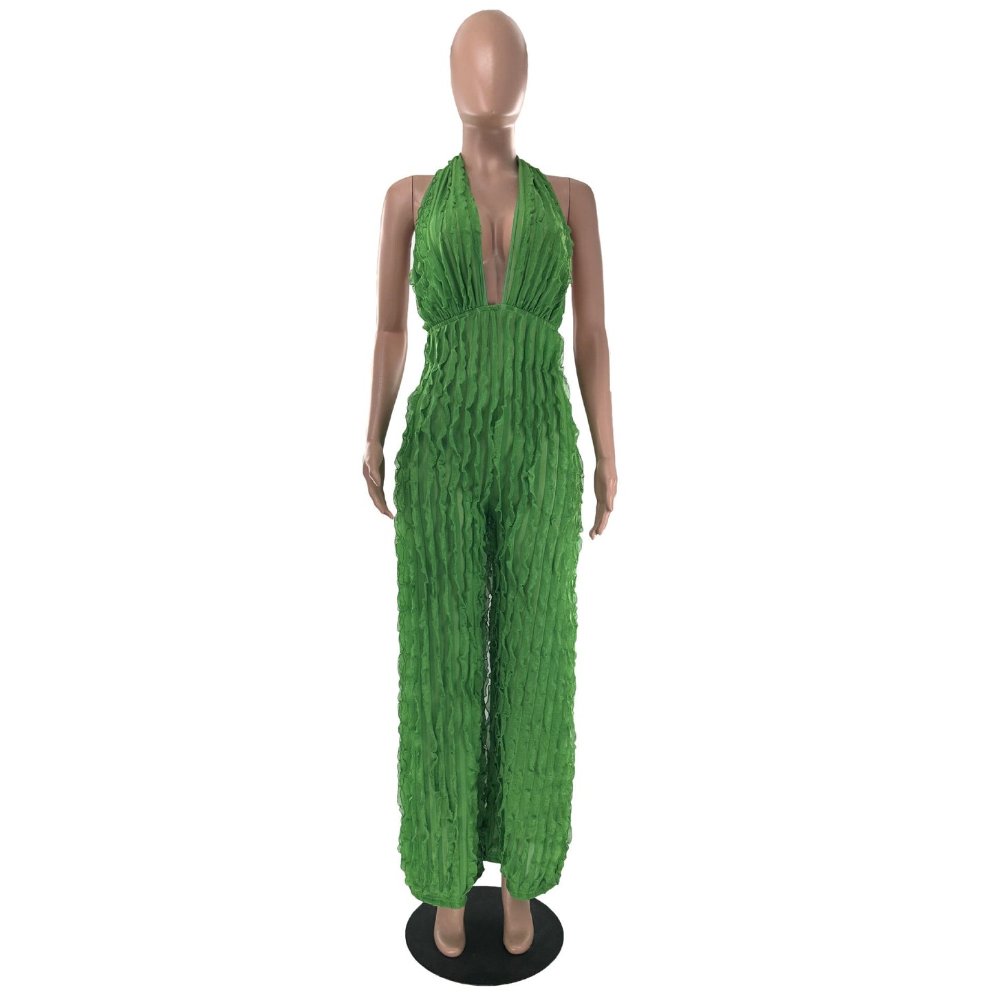 CM.YAYA Fashion Women Wave Ruffles Halter Deep V-neck Backless Sleeveless Wide Leg Jumpsuit 2023 Sexy Party Club Romper Playsuit