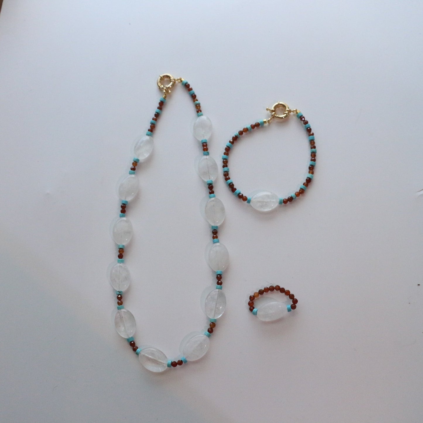 JEKIRA Oval White Quartz & Turquoise Bead Trio Set with Spessartine Garnet