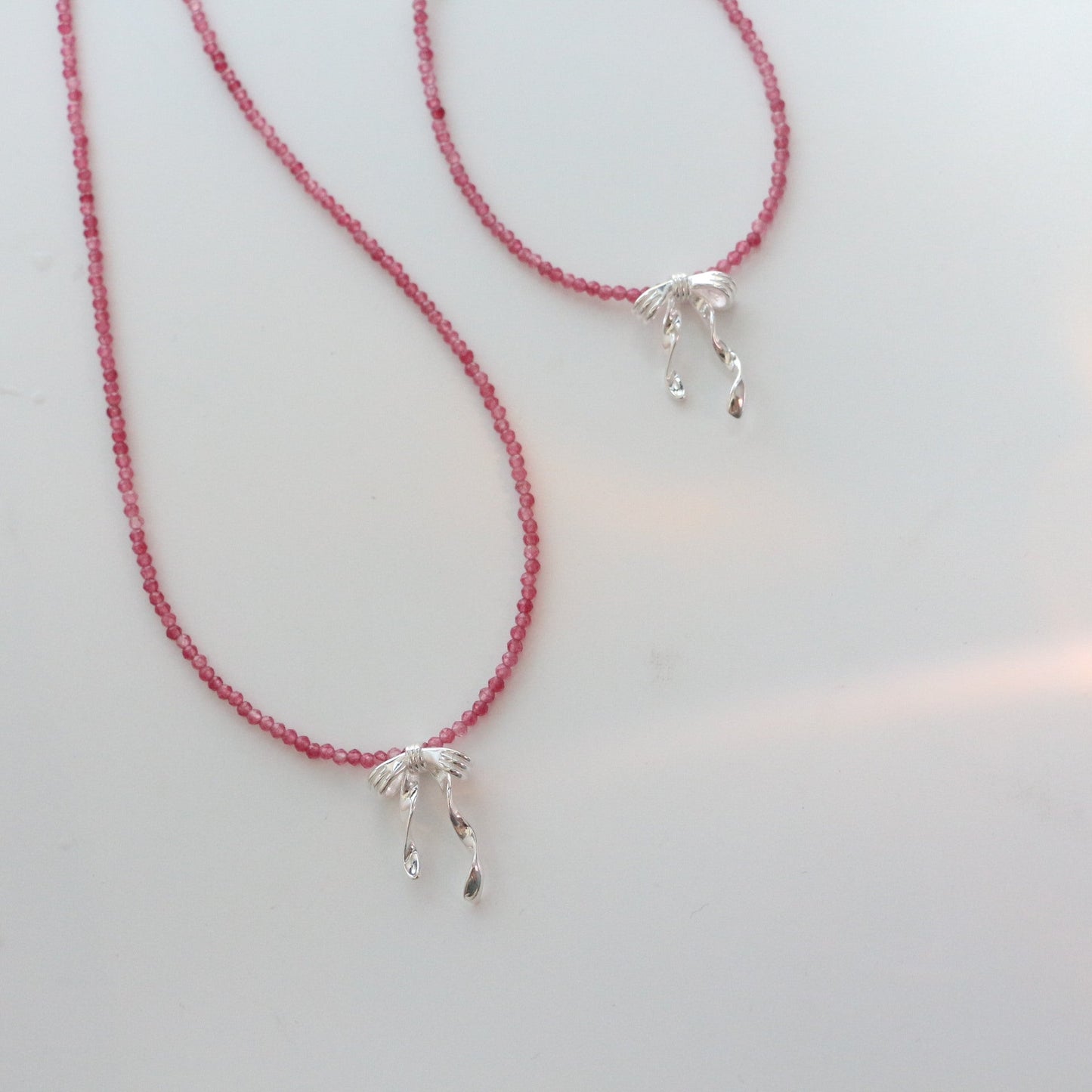 Jekira 2mm Pink Tourmaline & Sterling Silver Bow Necklace + Bracelet Set