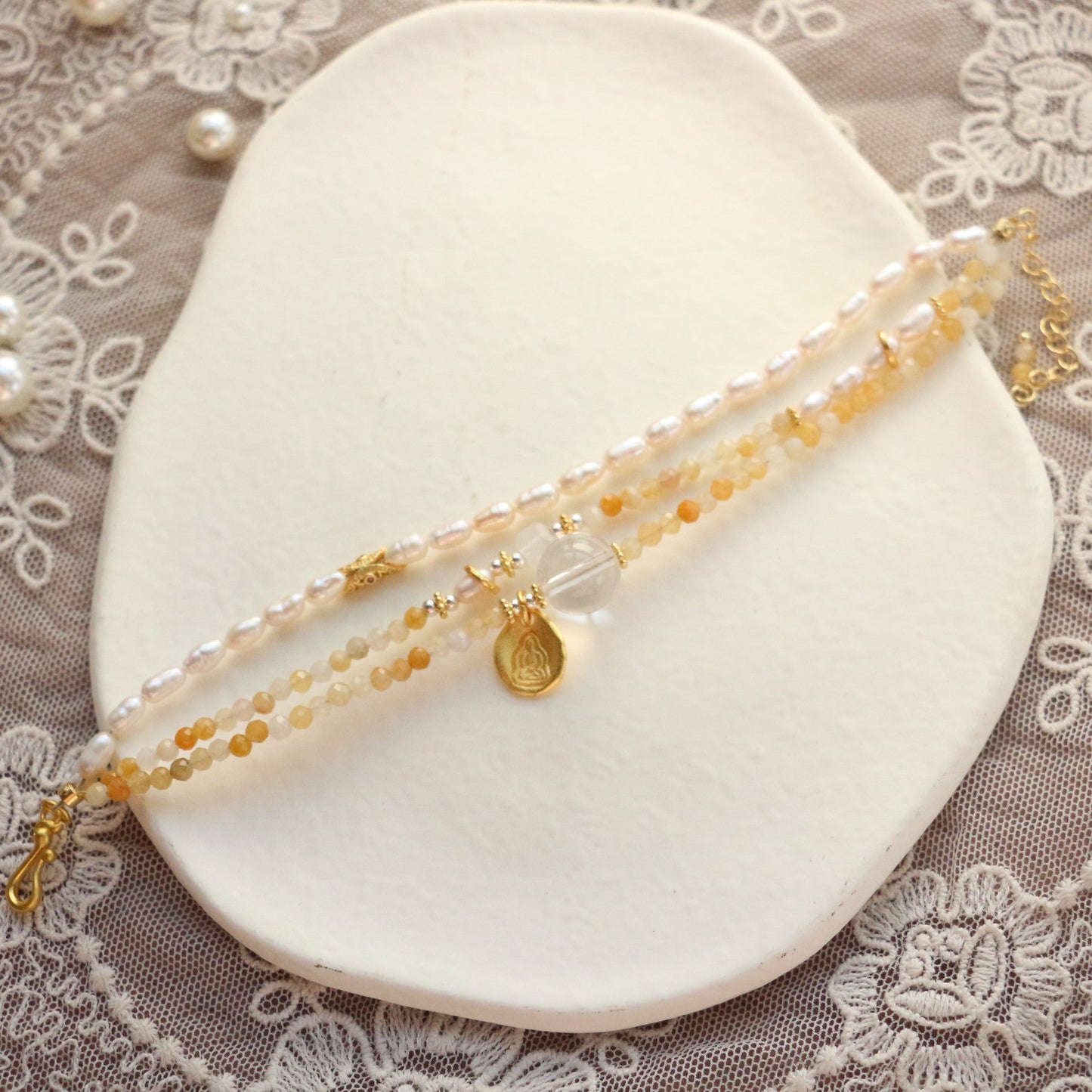 JEKIRA Autumn-Inspired Triple-Layer Yellow Jade & Baroque Pearl Bracelet