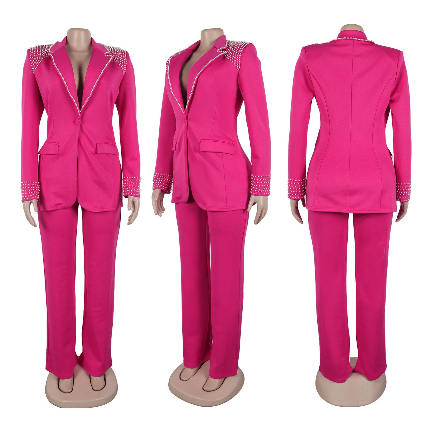 CM.YAYA Fashion Pearl Splicing Women's Set Long Sleeve Blazer and Wide Leg Pants Suit 2024 Winter OL Fall Two 2 Piece Set Outfit