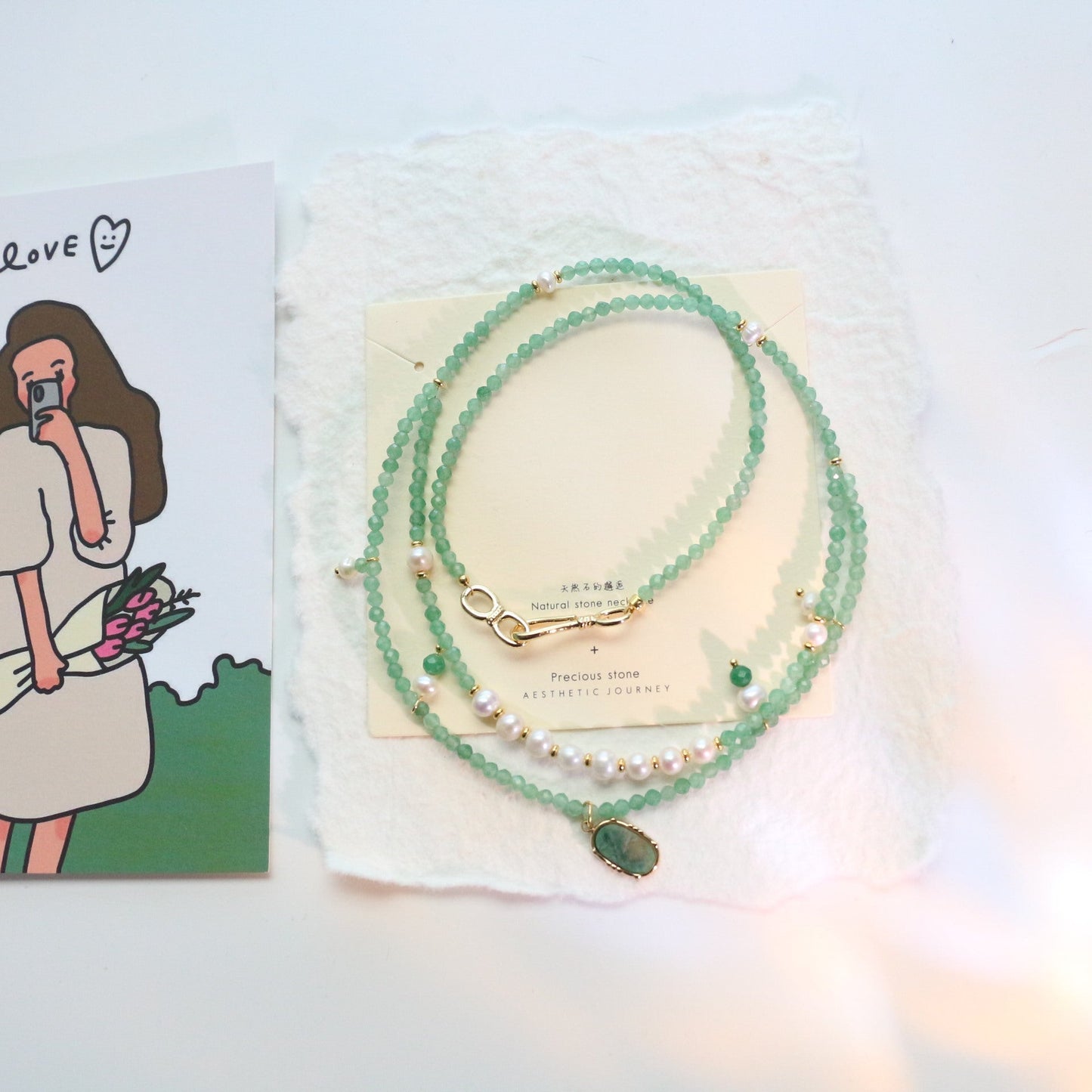 Jekira Royal Green Baroque Pearl Double Layer Necklace - Copper 18K Gold Plated