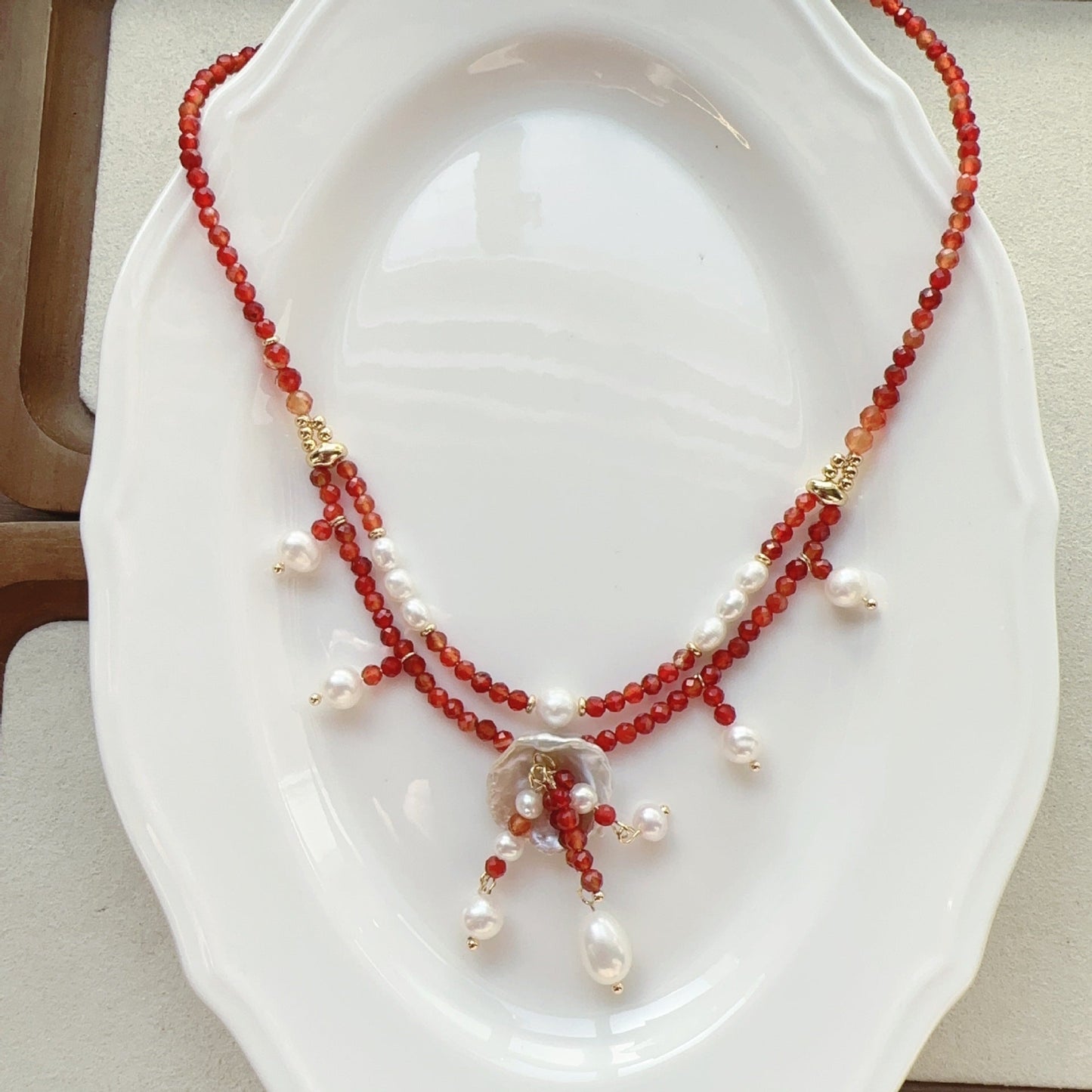 Jekira Red Agate & Baroque Pearl Double-Layer Necklace
